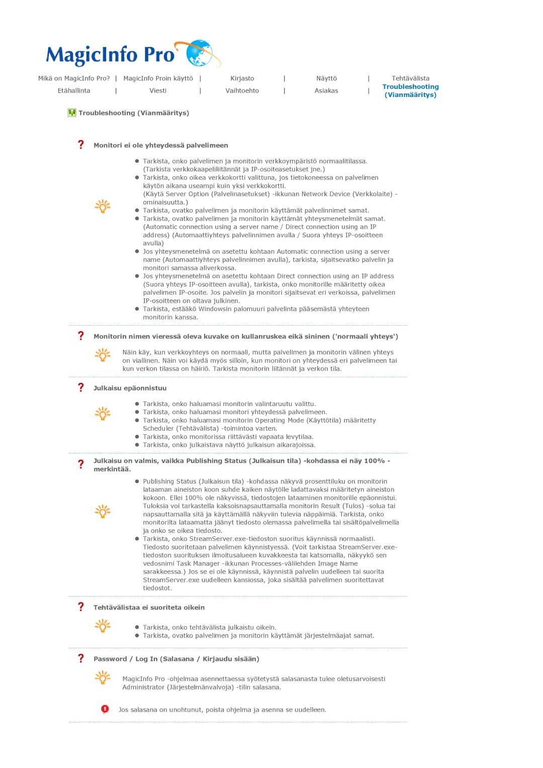 Samsung PH50KLPLBC/EN, PH50KLTLBC/EN, PH42KLPLBC/EN manual Julkaisu epäonnistuu, Tehtävälistaa ei suoriteta oikein 