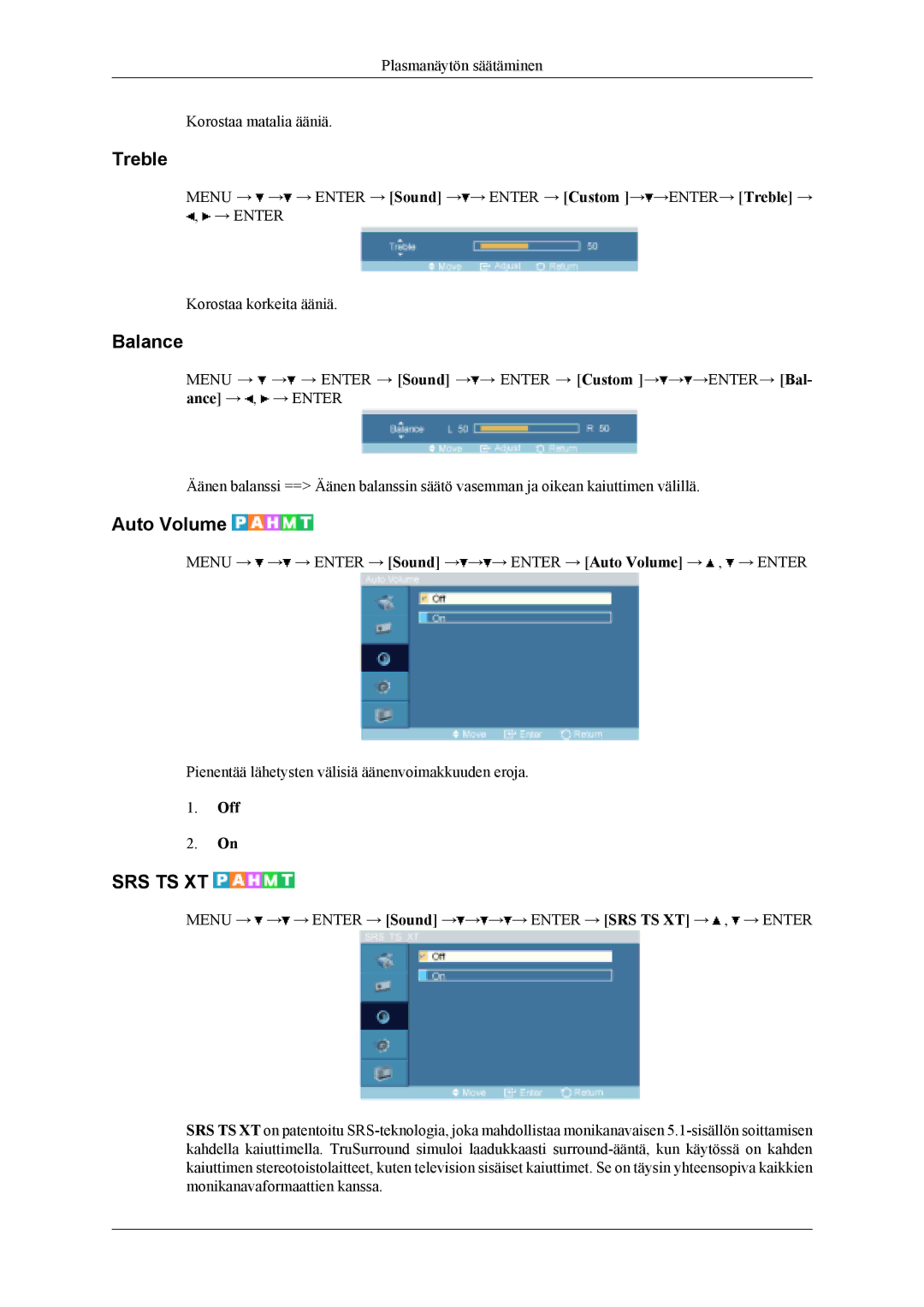Samsung PH50KLPLBC/EN, PH50KLTLBC/EN, PH42KLPLBC/EN manual Treble, Balance, Auto Volume 
