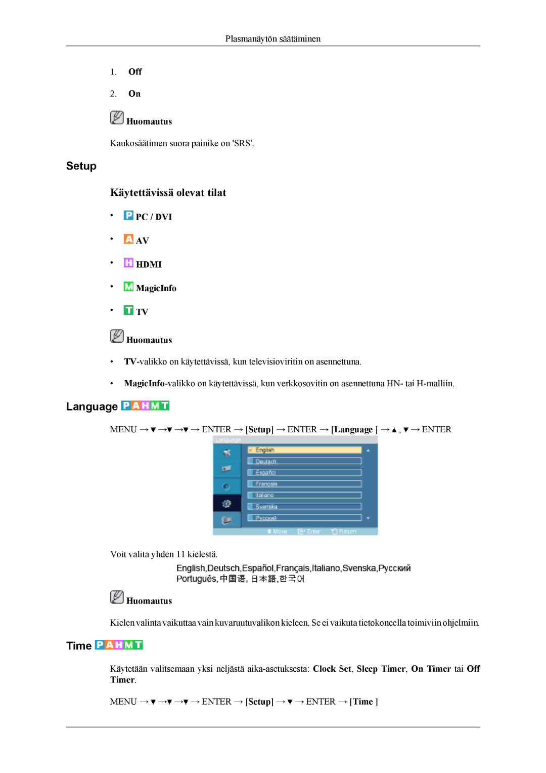 Samsung PH50KLTLBC/EN, PH50KLPLBC/EN, PH42KLPLBC/EN manual Setup, Language, Time, Off Huomautus 