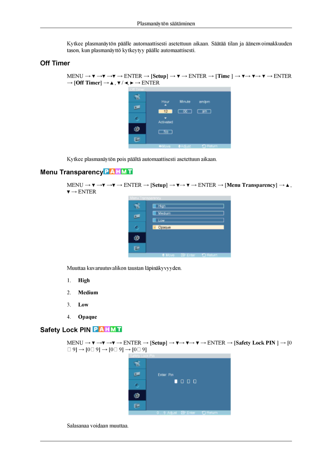 Samsung PH50KLPLBC/EN, PH50KLTLBC/EN, PH42KLPLBC/EN Off Timer, Menu Transparency, Safety Lock PIN, High Medium Low Opaque 