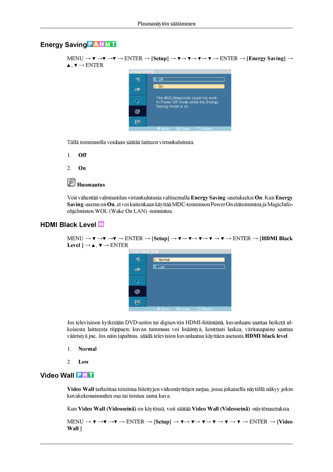 Samsung PH50KLTLBC/EN, PH50KLPLBC/EN, PH42KLPLBC/EN manual Energy Saving, Hdmi Black Level, Video Wall, Normal Low 