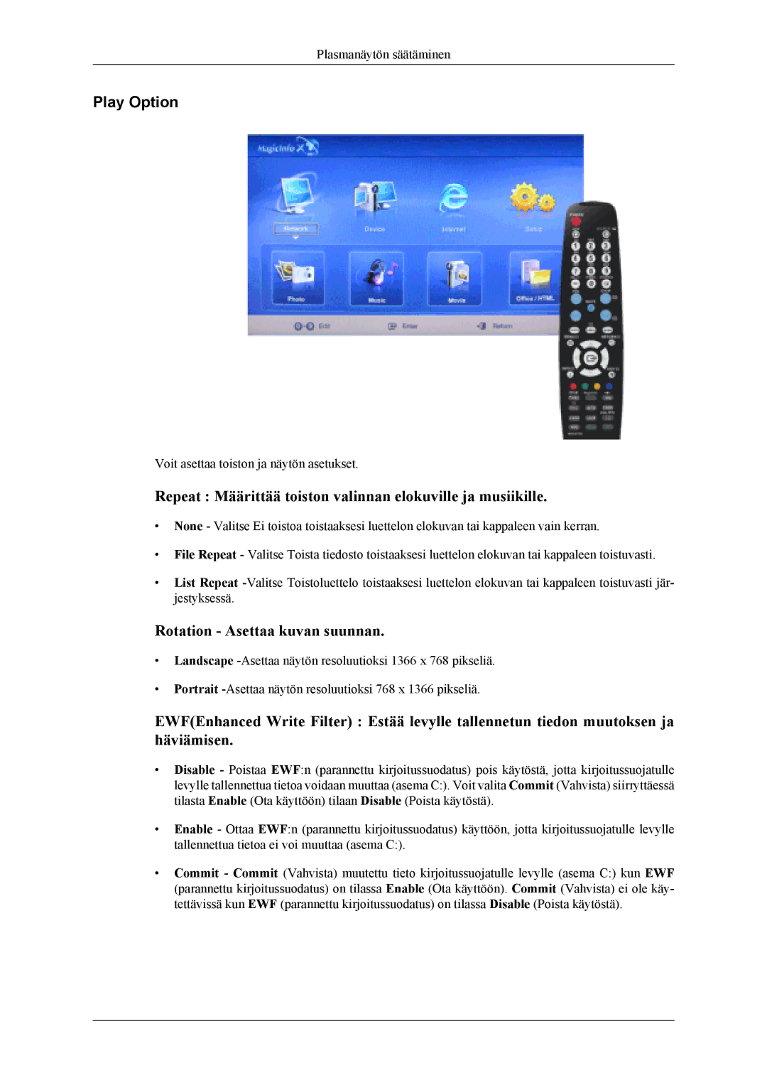 Samsung PH42KLPLBC/EN, PH50KLPLBC/EN, PH50KLTLBC/EN Play Option, Repeat Määrittää toiston valinnan elokuville ja musiikille 