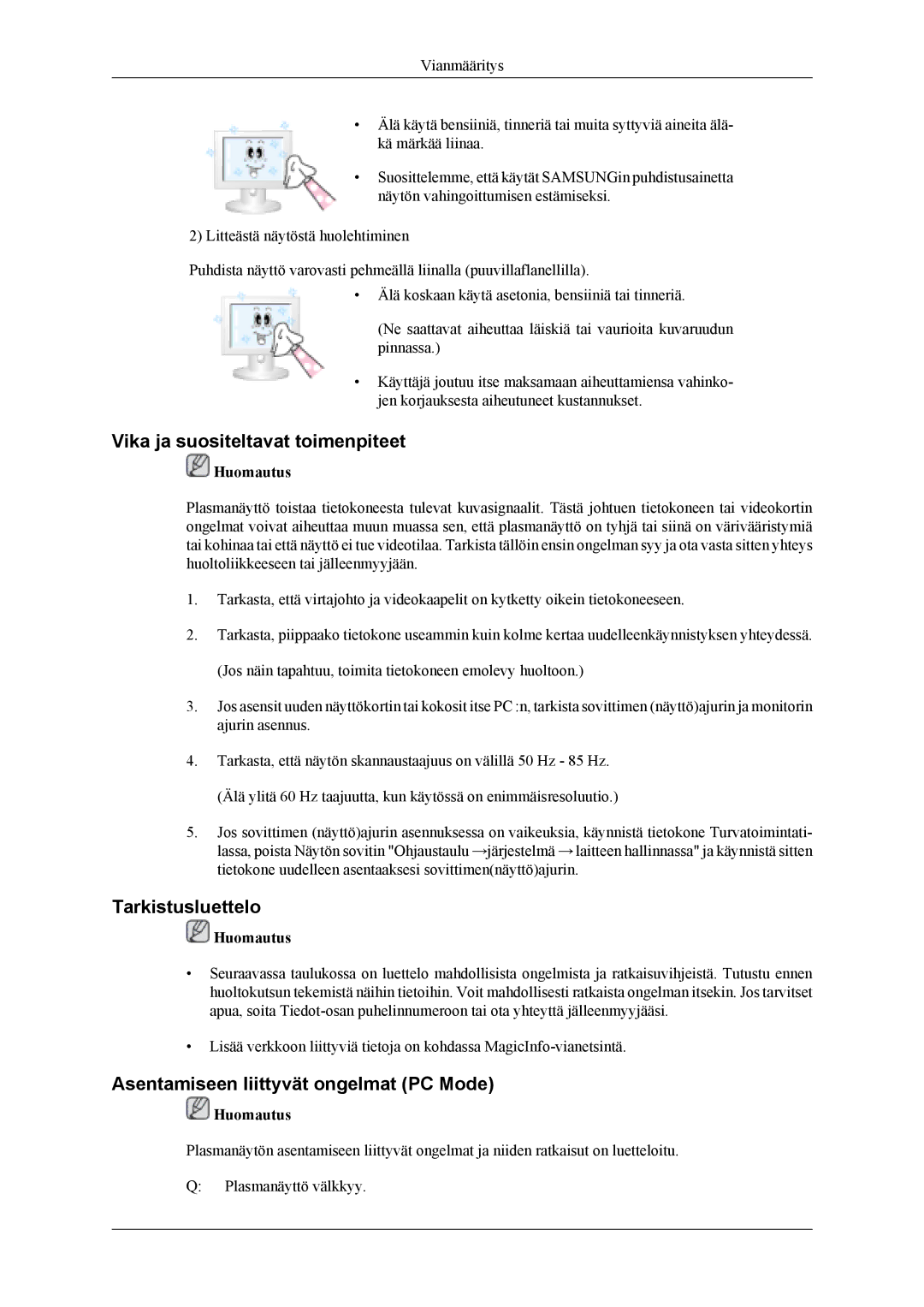 Samsung PH50KLTLBC/EN manual Vika ja suositeltavat toimenpiteet, Tarkistusluettelo, Asentamiseen liittyvät ongelmat PC Mode 