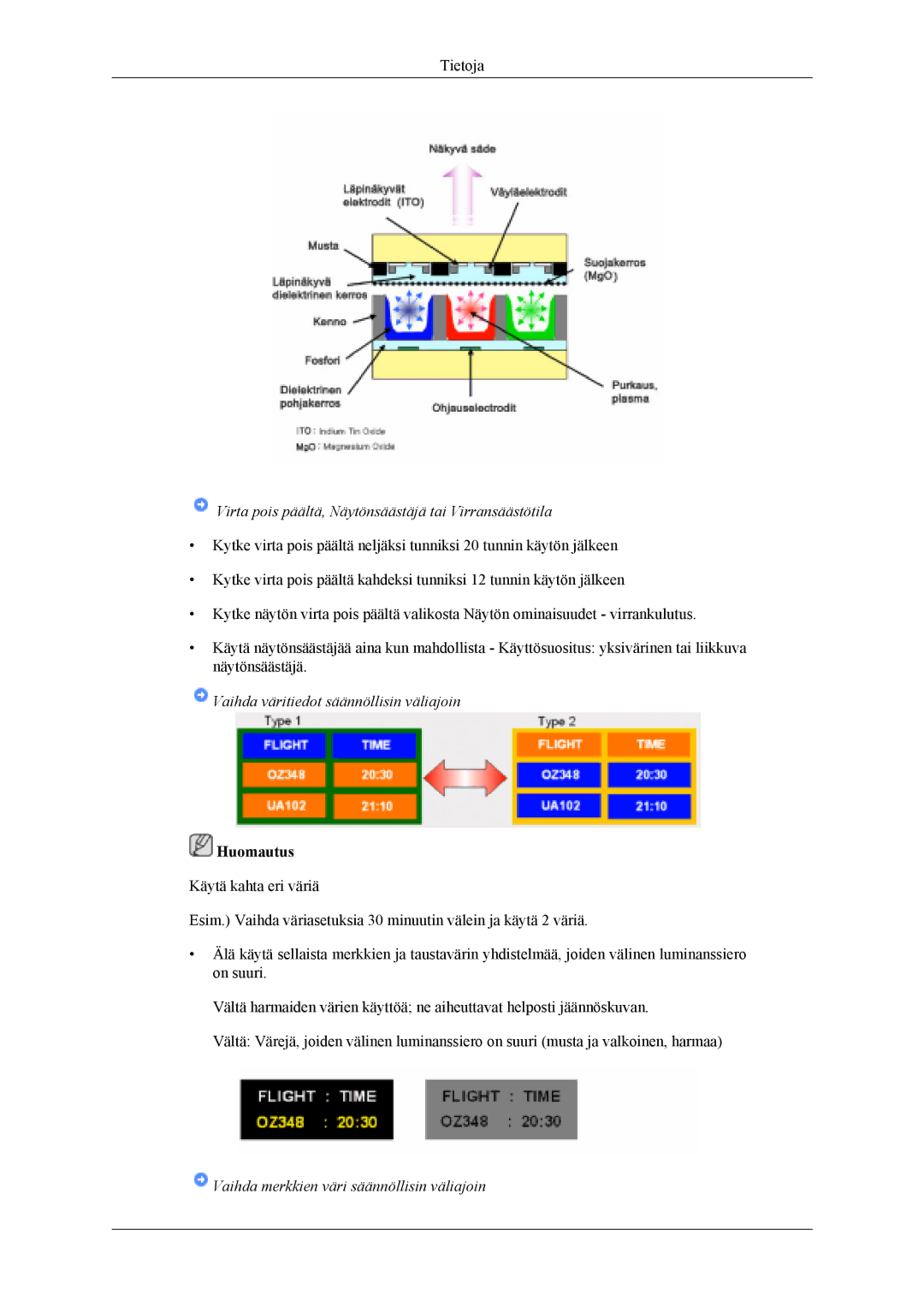 Samsung PH50KLPLBC/EN, PH50KLTLBC/EN, PH42KLPLBC/EN manual Vaihda väritiedot säännöllisin väliajoin 