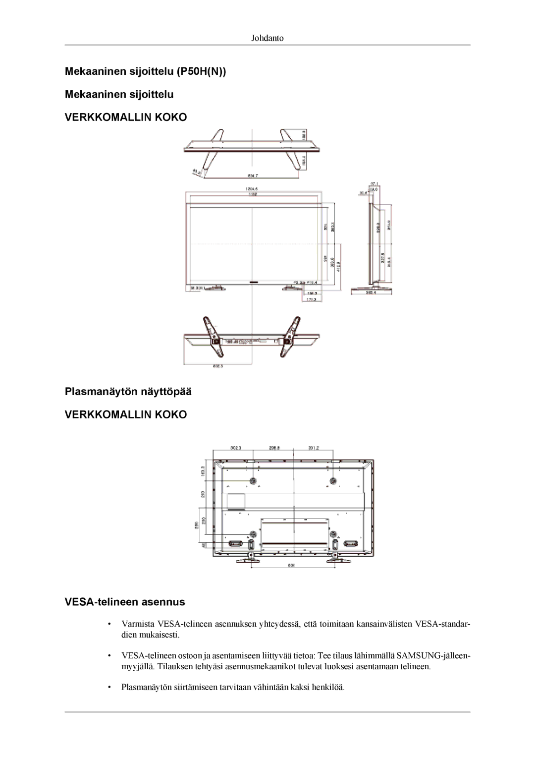 Samsung PH50KLPLBC/EN, PH50KLTLBC/EN, PH42KLPLBC/EN manual Mekaaninen sijoittelu P50HN, Plasmanäytön näyttöpää 