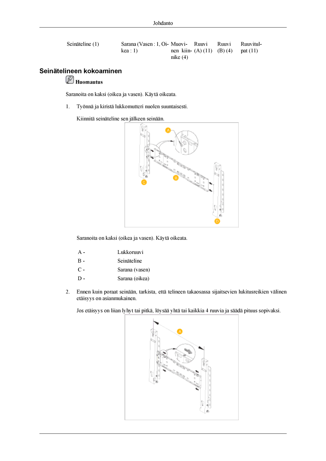 Samsung PH42KLPLBC/EN, PH50KLPLBC/EN, PH50KLTLBC/EN manual Seinätelineen kokoaminen 