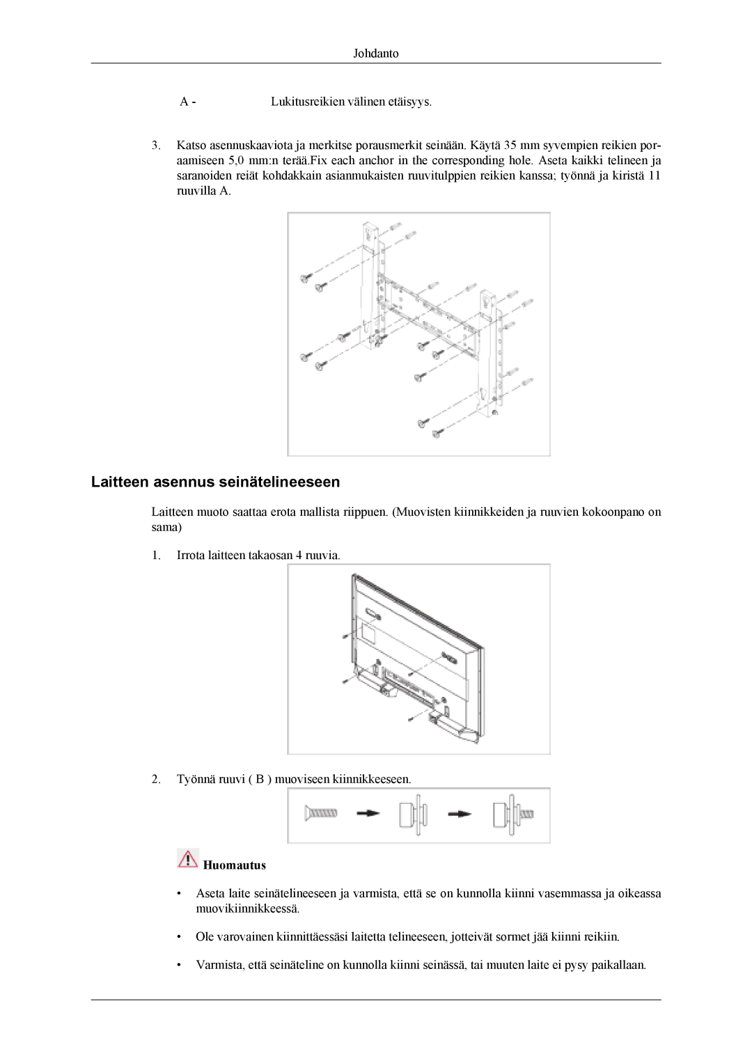 Samsung PH50KLPLBC/EN, PH50KLTLBC/EN, PH42KLPLBC/EN manual Laitteen asennus seinätelineeseen 