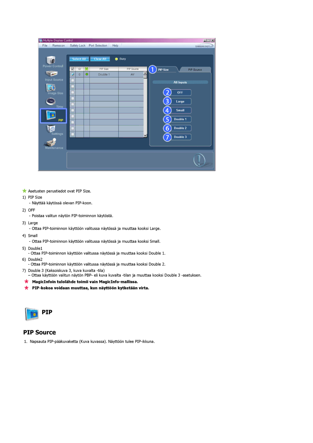 Samsung PH42KLPLBC/EN, PH50KLPLBC/EN, PH50KLTLBC/EN manual PIP Source 