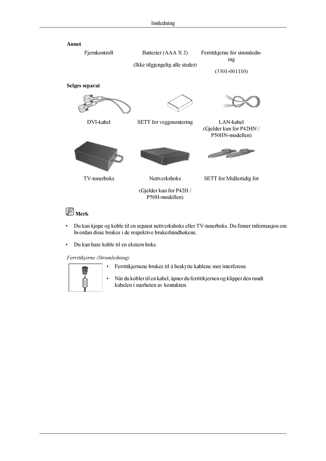 Samsung PH50KLTLBC/EN, PH50KLPLBC/EN, PH42KLPLBC/EN manual Selges separat, Ferrittkjerne Strømledning 