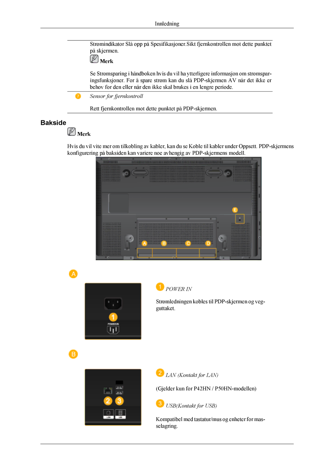 Samsung PH50KLPLBC/EN, PH50KLTLBC/EN, PH42KLPLBC/EN manual Bakside, Power 