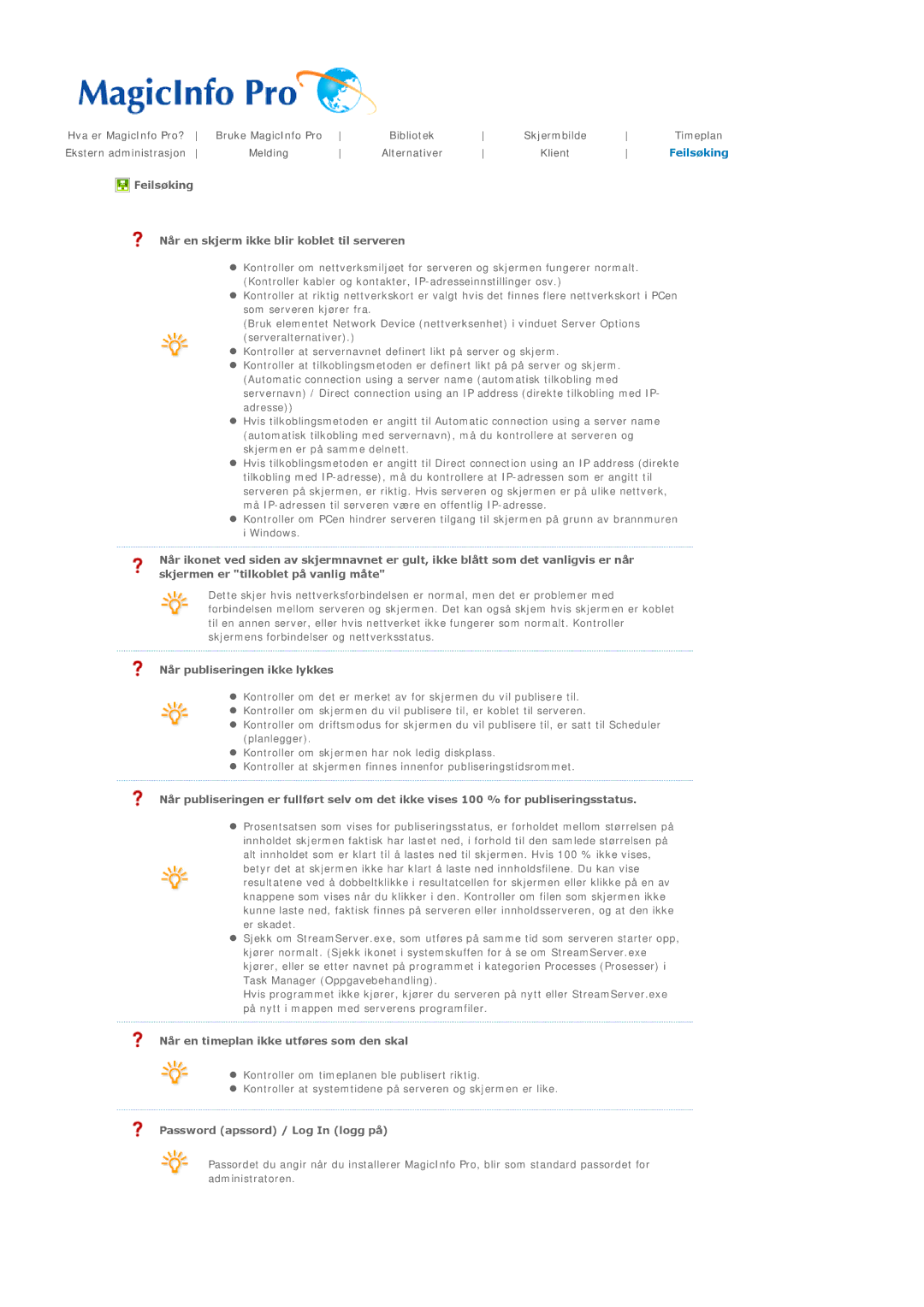 Samsung PH50KLTLBC/EN, PH50KLPLBC/EN Feilsøking Når en skjerm ikke blir koblet til serveren, Når publiseringen ikke lykkes 