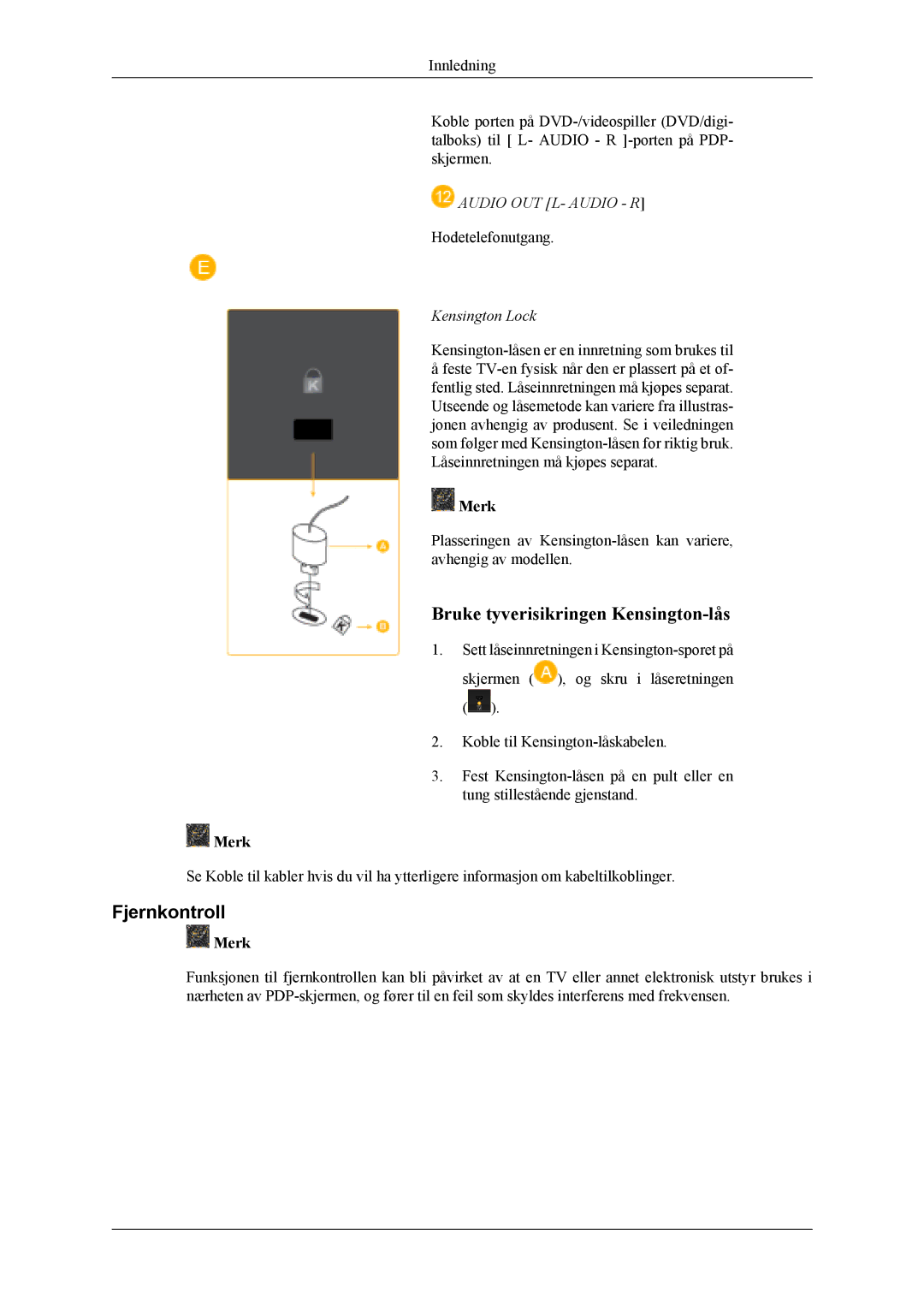 Samsung PH42KLPLBC/EN, PH50KLPLBC/EN, PH50KLTLBC/EN manual Fjernkontroll, Audio OUT L- Audio R 