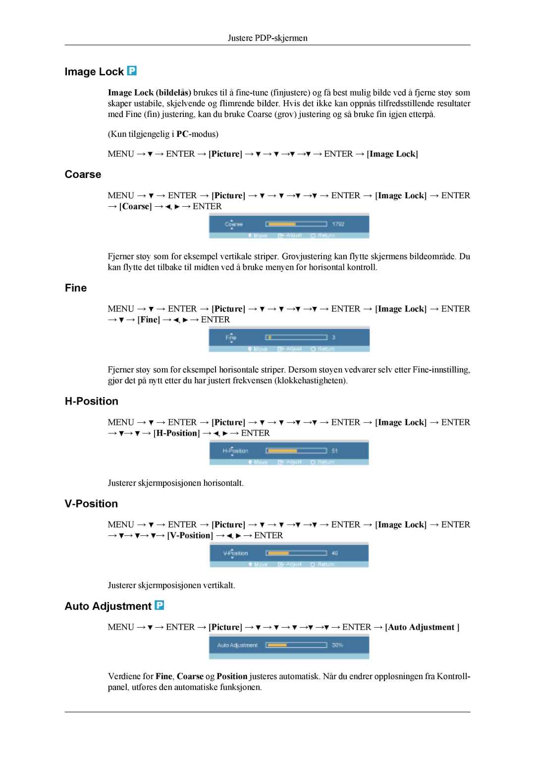 Samsung PH42KLPLBC/EN, PH50KLPLBC/EN, PH50KLTLBC/EN manual Image Lock, Coarse, Fine, Position, Auto Adjustment 