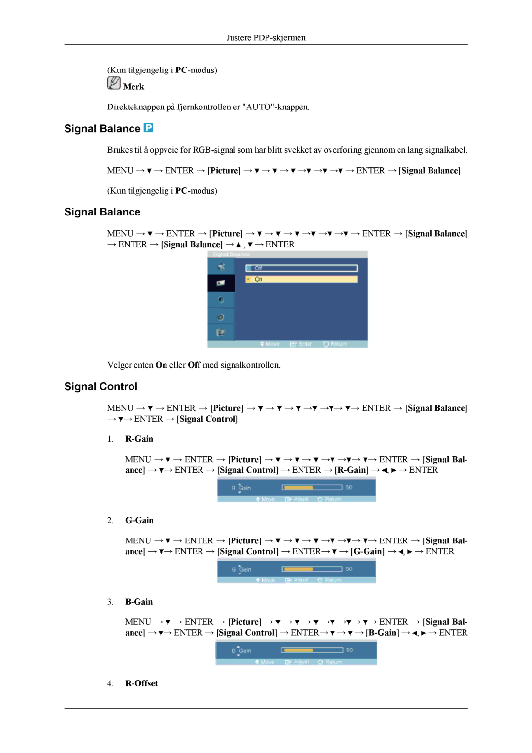 Samsung PH50KLPLBC/EN, PH50KLTLBC/EN, PH42KLPLBC/EN manual Signal Balance, → → Enter → Signal Control Gain, Offset 