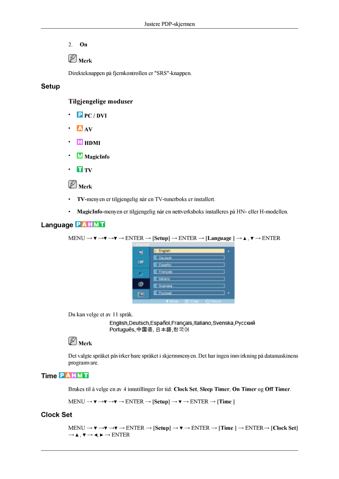 Samsung PH42KLPLBC/EN, PH50KLPLBC/EN, PH50KLTLBC/EN manual Setup, Language, Time, Clock Set 