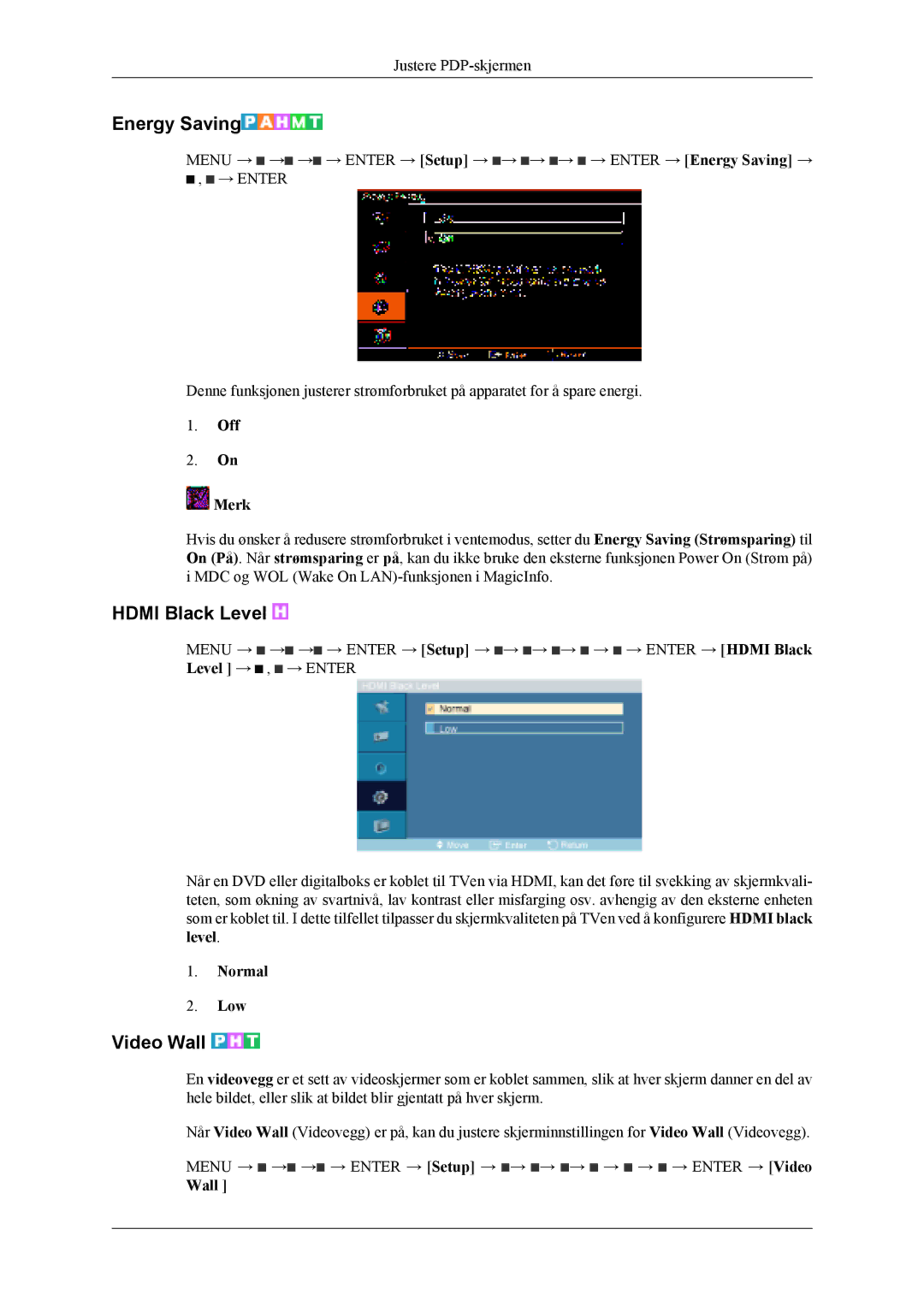 Samsung PH42KLPLBC/EN, PH50KLPLBC/EN, PH50KLTLBC/EN manual Energy Saving, Hdmi Black Level, Video Wall, Off Merk, Normal Low 