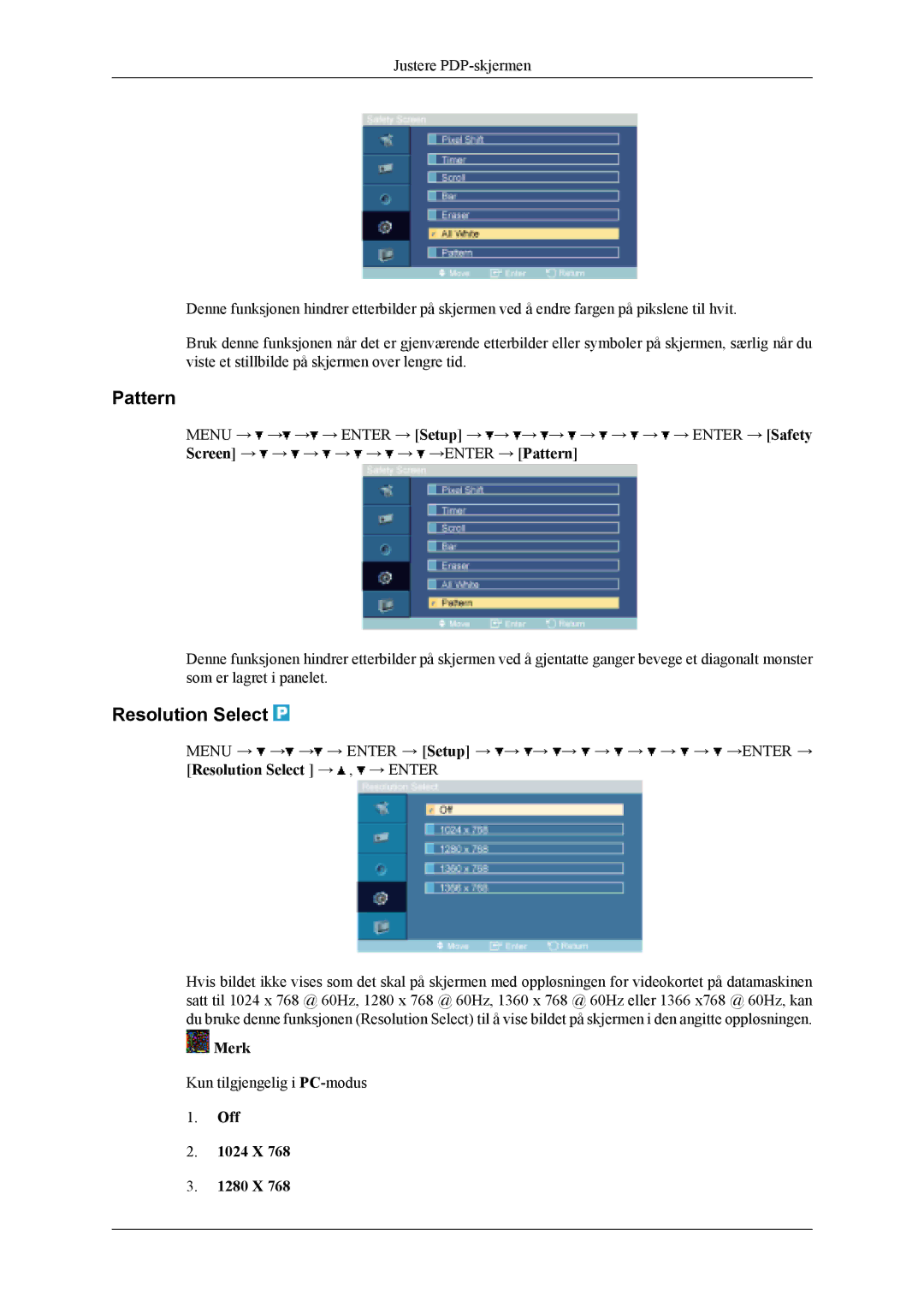 Samsung PH50KLPLBC/EN, PH50KLTLBC/EN, PH42KLPLBC/EN manual Pattern, Resolution Select, Off 1024 X 1280 X 