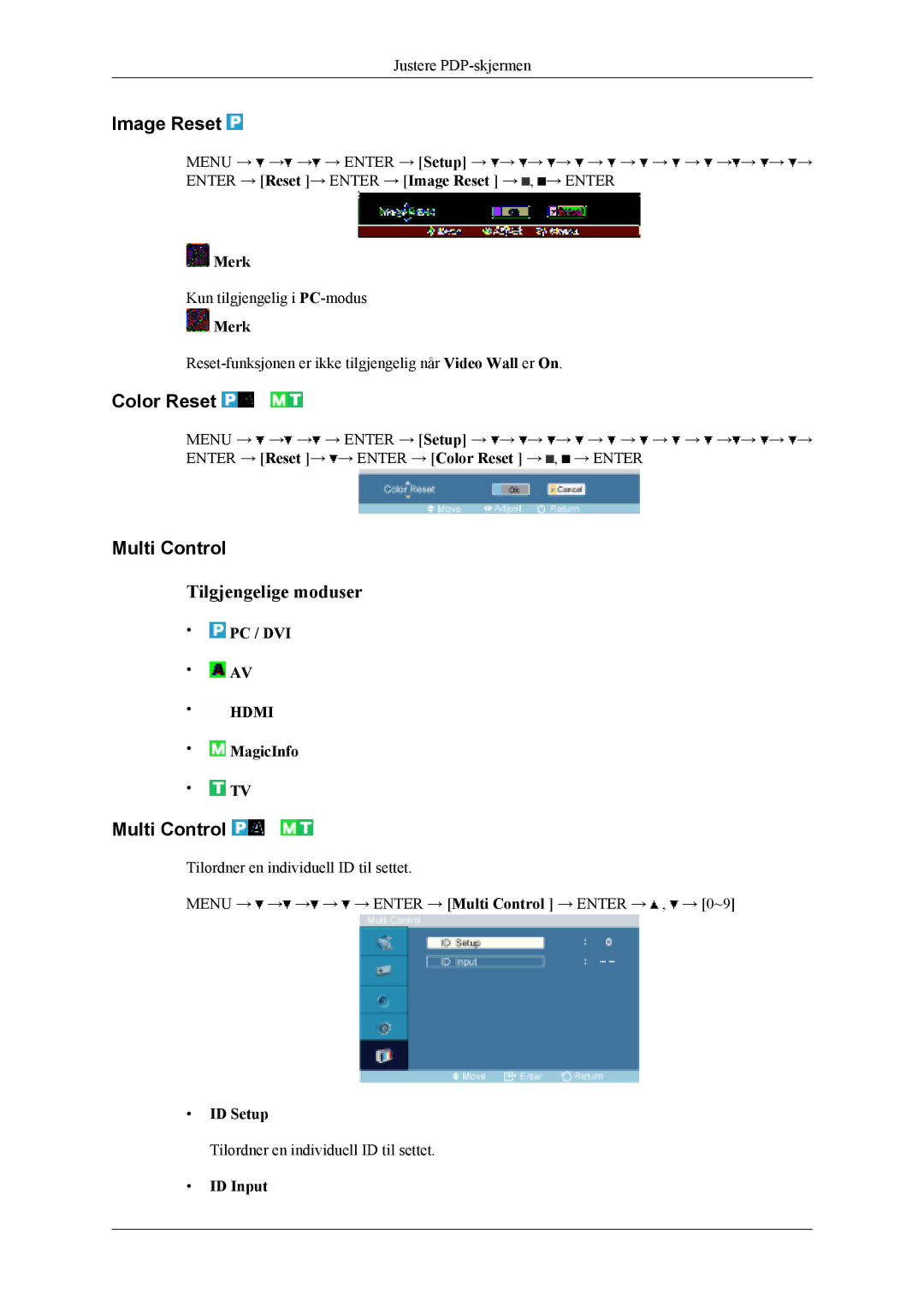 Samsung PH42KLPLBC/EN, PH50KLPLBC/EN, PH50KLTLBC/EN manual Image Reset, Color Reset, Multi Control, ID Setup, ID Input 