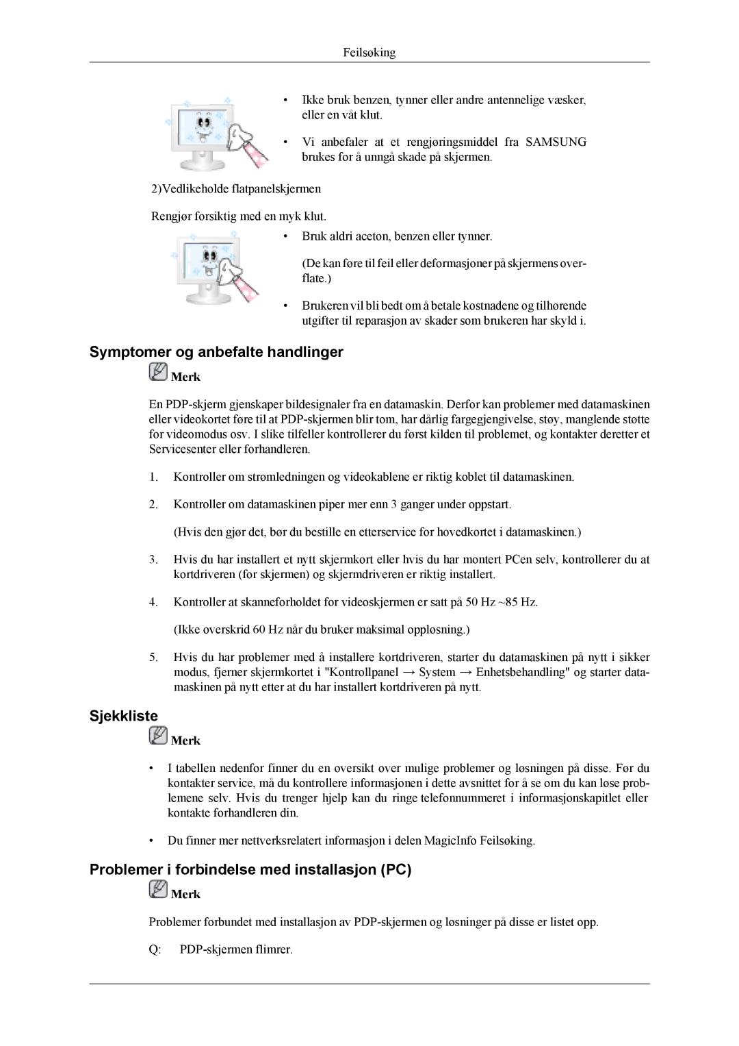 Samsung PH50KLPLBC/EN manual Symptomer og anbefalte handlinger, Sjekkliste, Problemer i forbindelse med installasjon PC 