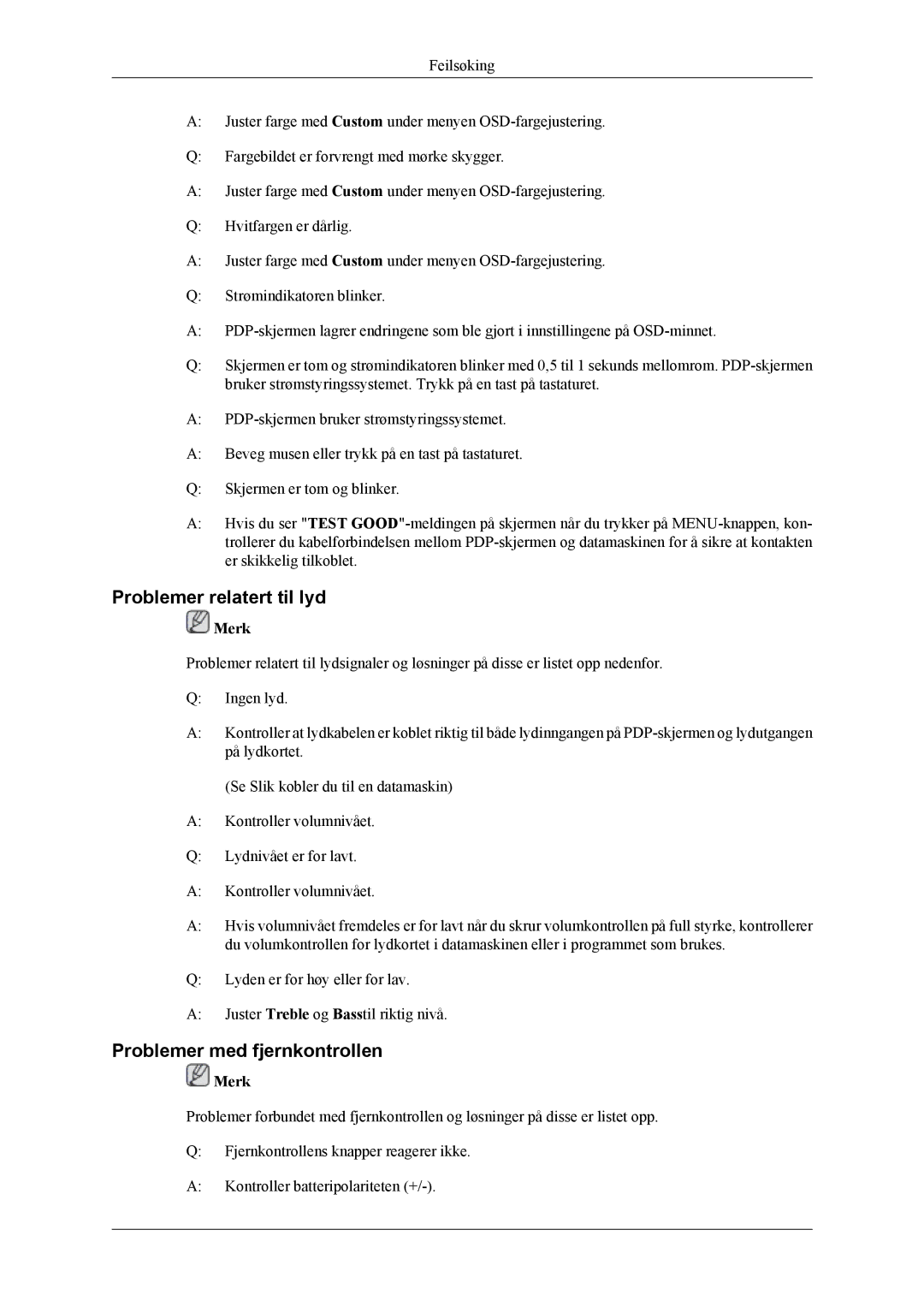 Samsung PH42KLPLBC/EN, PH50KLPLBC/EN, PH50KLTLBC/EN manual Problemer relatert til lyd, Problemer med fjernkontrollen 