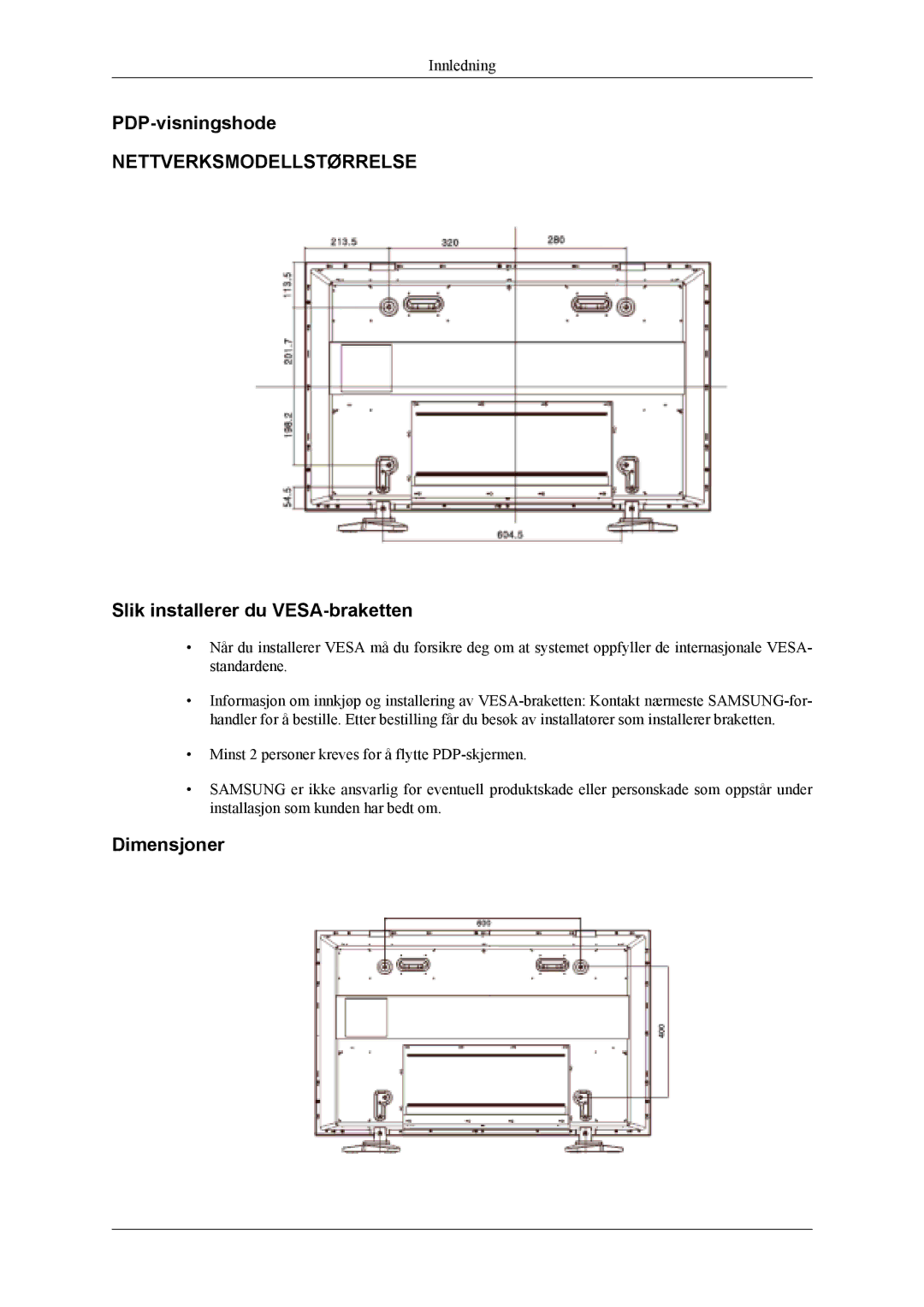 Samsung PH50KLTLBC/EN, PH50KLPLBC/EN, PH42KLPLBC/EN manual PDP-visningshode, Slik installerer du VESA-braketten, Dimensjoner 