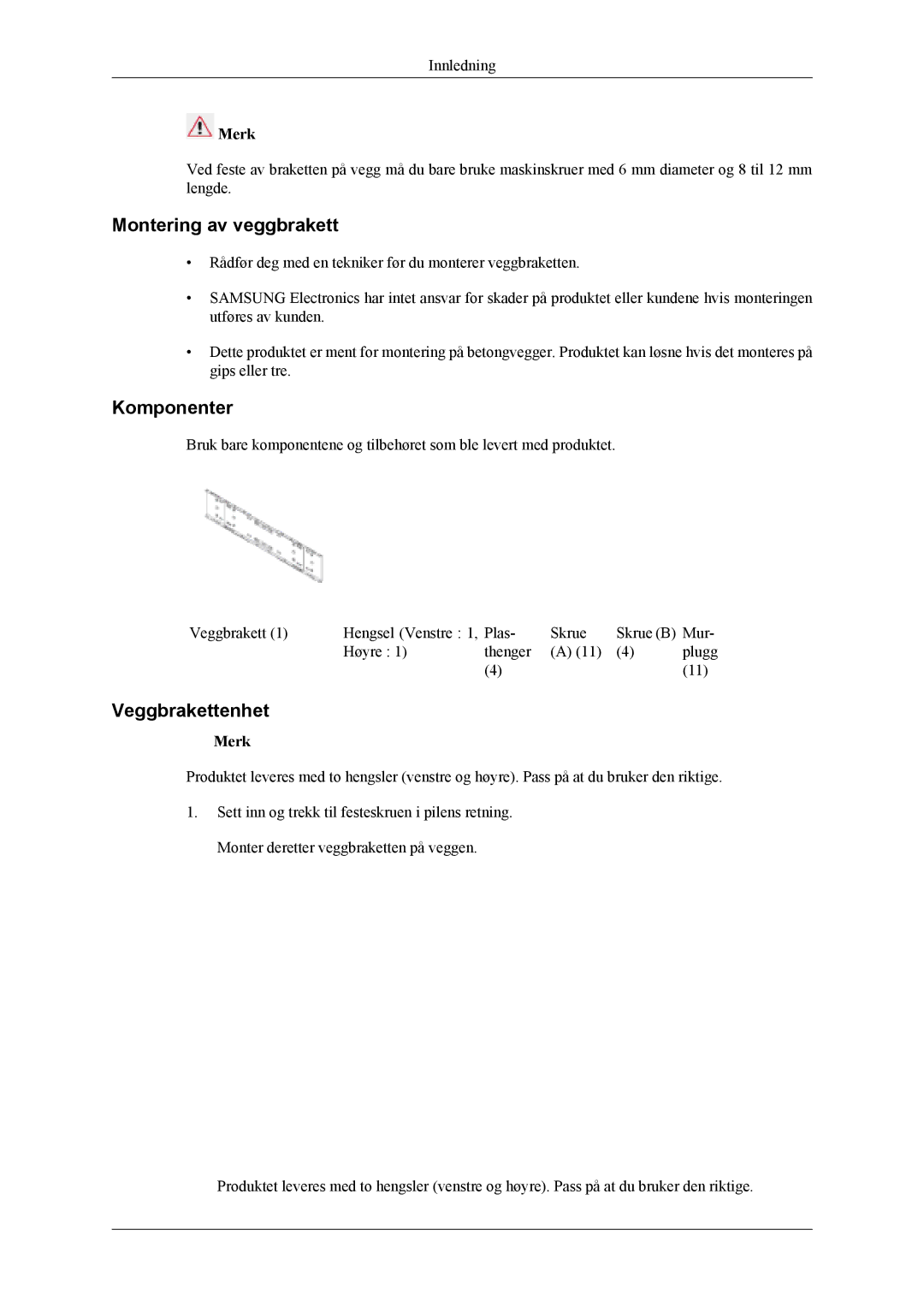 Samsung PH42KLPLBC/EN, PH50KLPLBC/EN, PH50KLTLBC/EN manual Montering av veggbrakett, Komponenter, Veggbrakettenhet 