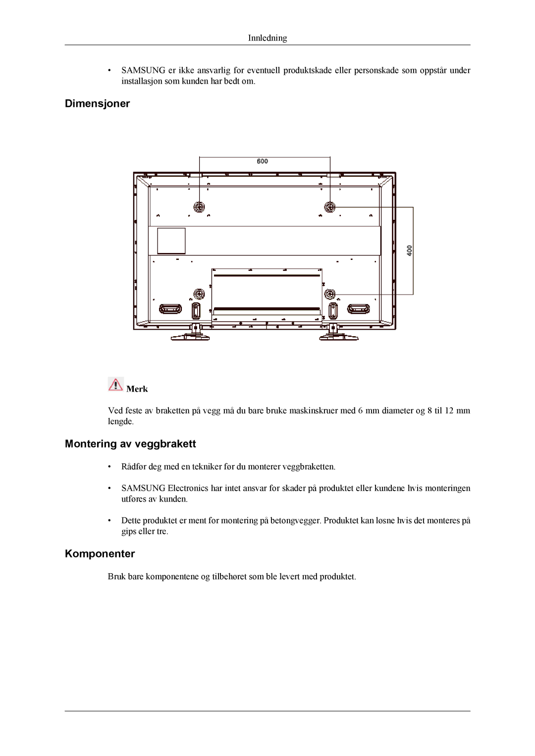 Samsung PH50KLTLBC/EN, PH50KLPLBC/EN, PH42KLPLBC/EN manual Dimensjoner 