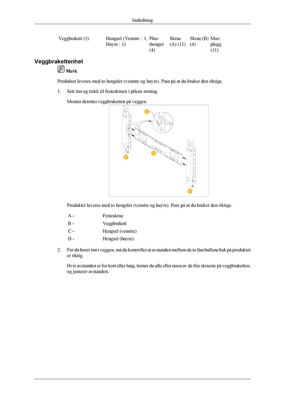 Samsung PH42KLPLBC/EN, PH50KLPLBC/EN, PH50KLTLBC/EN manual Veggbrakettenhet 