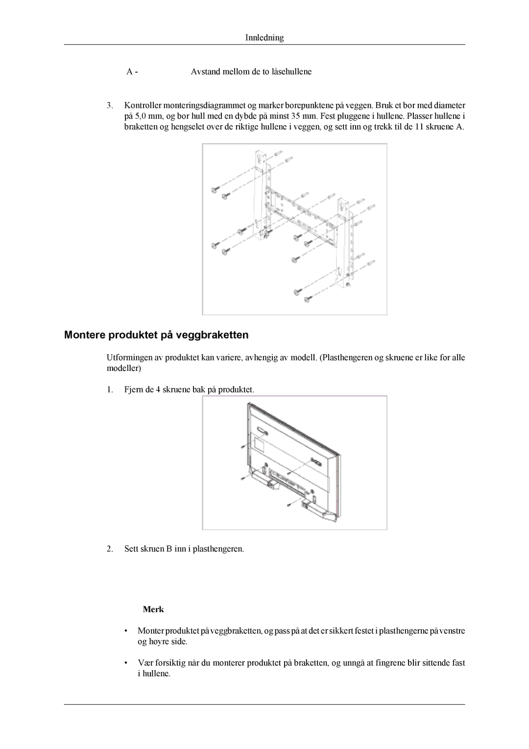 Samsung PH50KLPLBC/EN, PH50KLTLBC/EN, PH42KLPLBC/EN manual Montere produktet på veggbraketten 