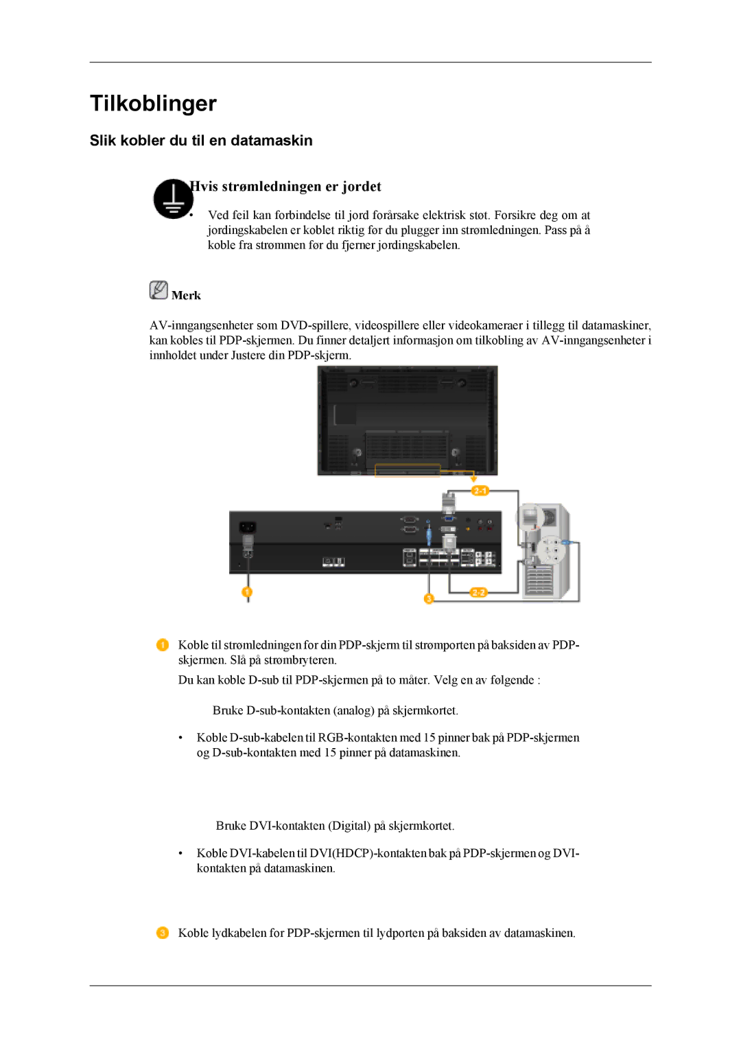 Samsung PH50KLPLBC/EN, PH50KLTLBC/EN, PH42KLPLBC/EN manual Tilkoblinger, Slik kobler du til en datamaskin 