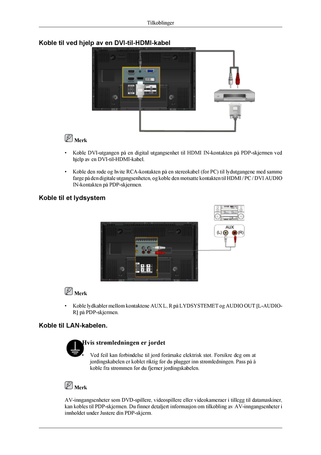 Samsung PH50KLPLBC/EN manual Koble til ved hjelp av en DVI-til-HDMI-kabel, Koble til et lydsystem, Koble til LAN-kabelen 