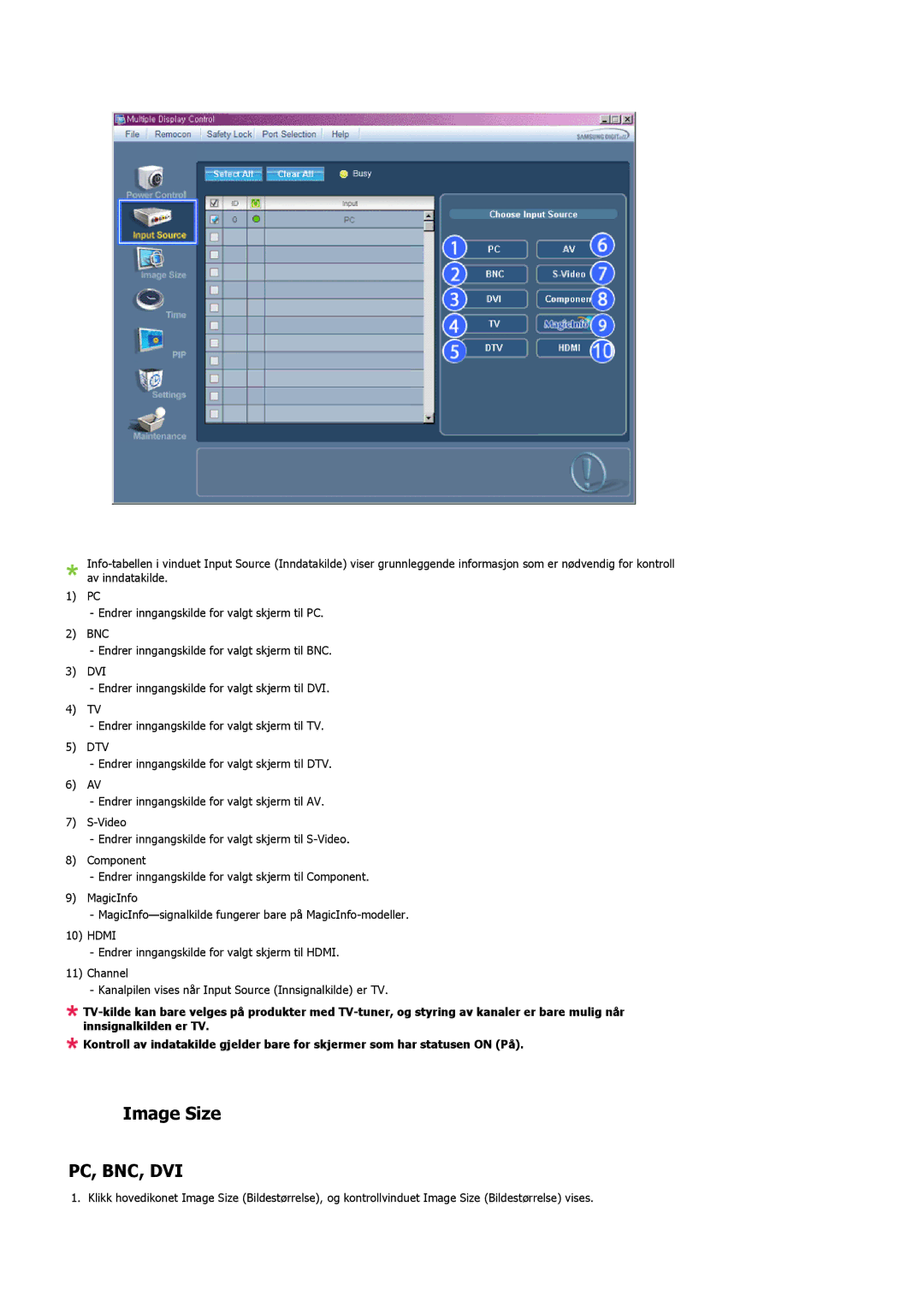 Samsung PH42KLPLBC/EN, PH50KLPLBC/EN, PH50KLTLBC/EN manual Image Size, Pc, Bnc, Dvi 