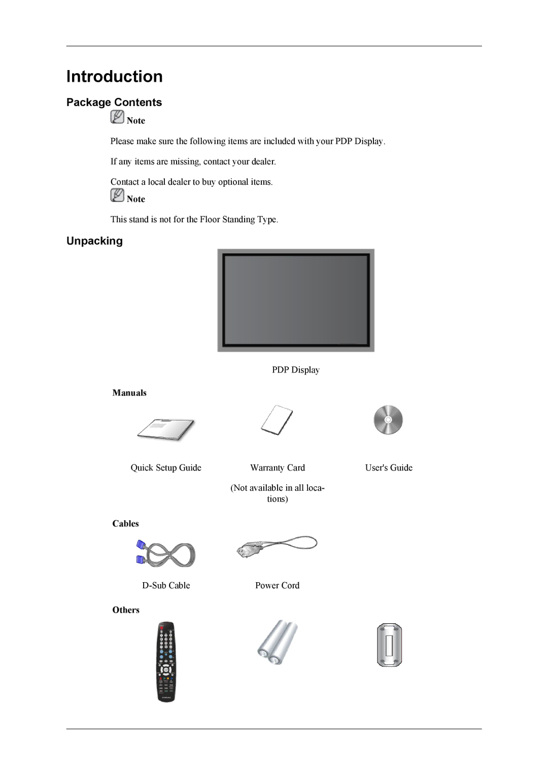 Samsung PH42KLTLBC/EN, PH50KLPLBC/EN, PH50KLTLBC/EN, PH42KLPLBC/EN, PH42KPPLBC/EN, PH42KPPLBC/XY Package Contents, Unpacking 