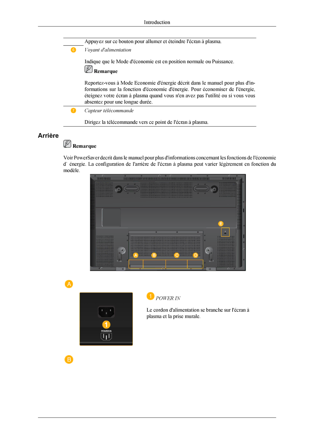 Samsung PH50KLPLBC/EN, PH50KLTLBC/EN, PH42KLTLBC/EN manual Arrière, Voyant dalimentation, Capteur télécommande, Power 