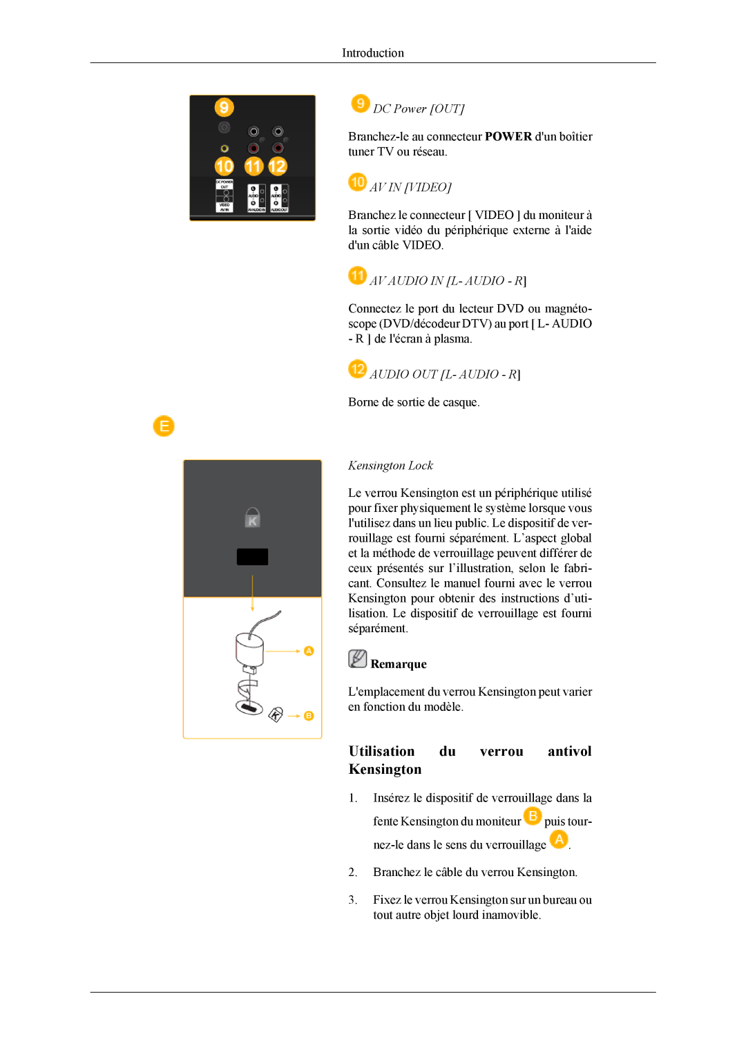 Samsung PH42KLTLBC/EN manual DC Power OUT, AV in Video, AV Audio in L- Audio R, Audio OUT L- Audio R, Kensington Lock 