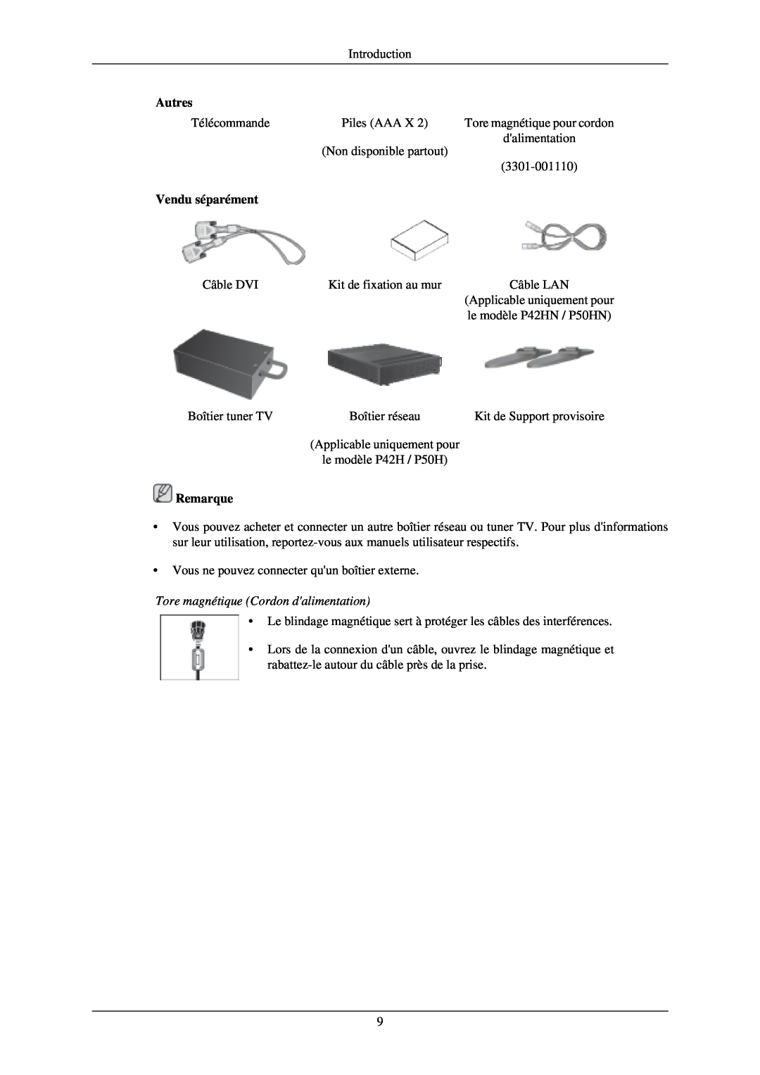 Samsung PH42KLTLBC/EN, PH50KLPLBC/EN manual Vendu séparément, Tore magnétique Cordon dalimentation, Autres, Remarque 