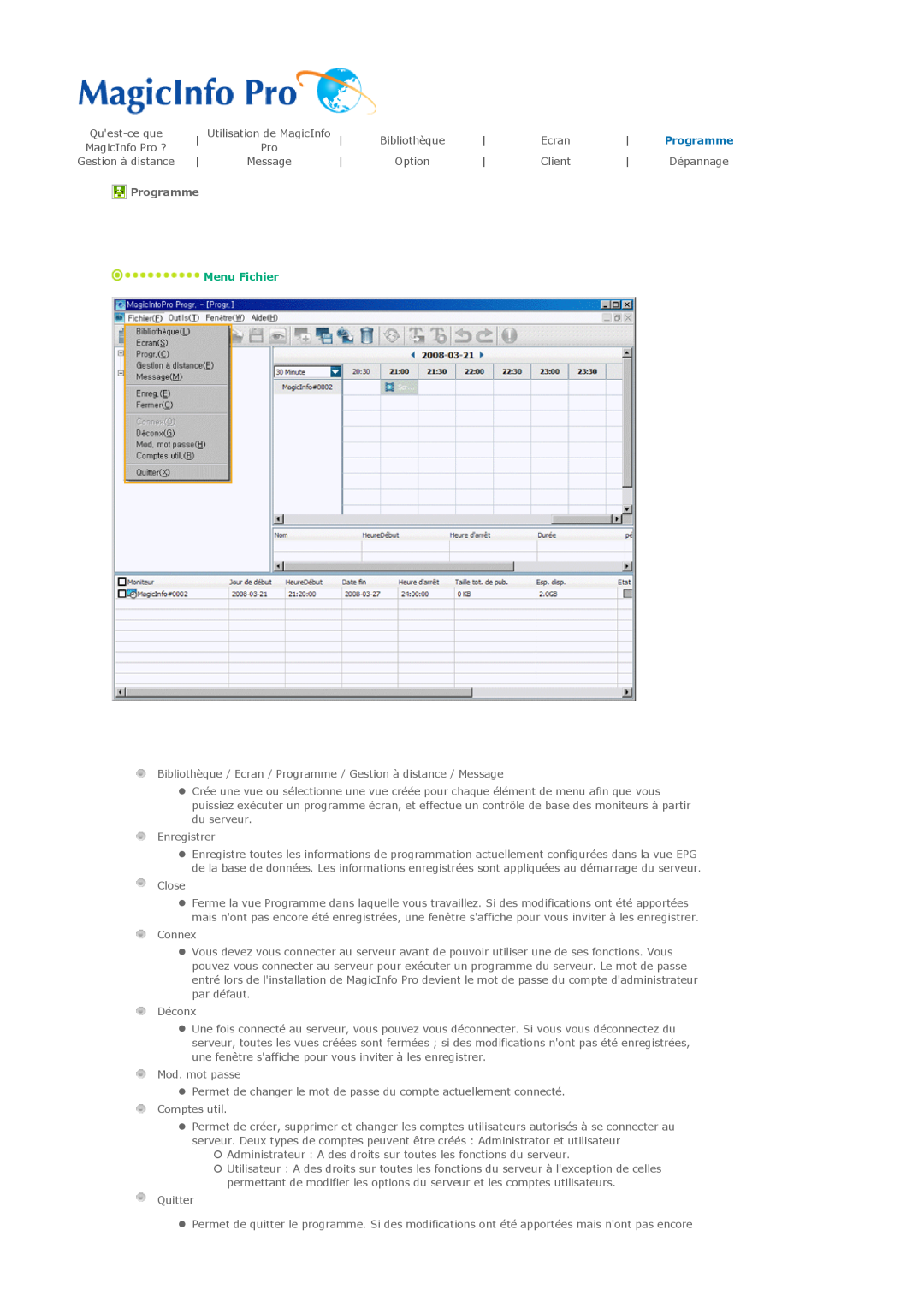 Samsung PH50KLPLBC/EN, PH50KLTLBC/EN, PH42KLTLBC/EN, PH42KLPLBC/EN manual Ecran, Programme, Client, Menu Fichier 