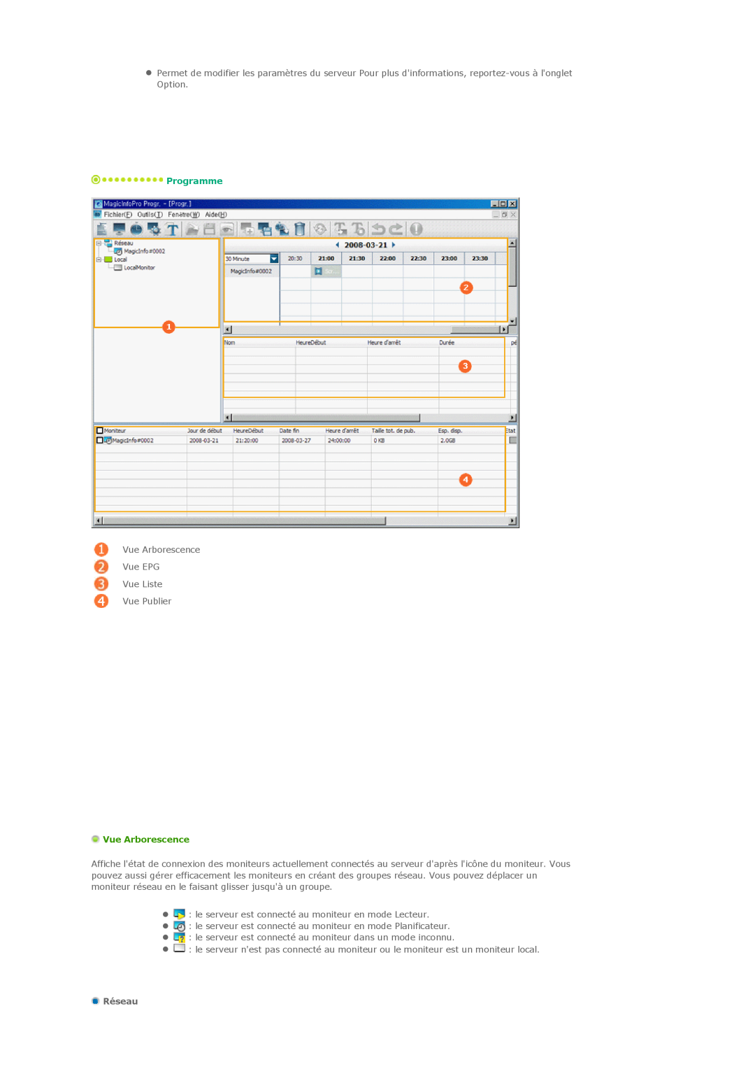 Samsung PH42KLTLBC/EN, PH50KLPLBC/EN, PH50KLTLBC/EN, PH42KLPLBC/EN manual Programme, Vue Arborescence, Réseau 