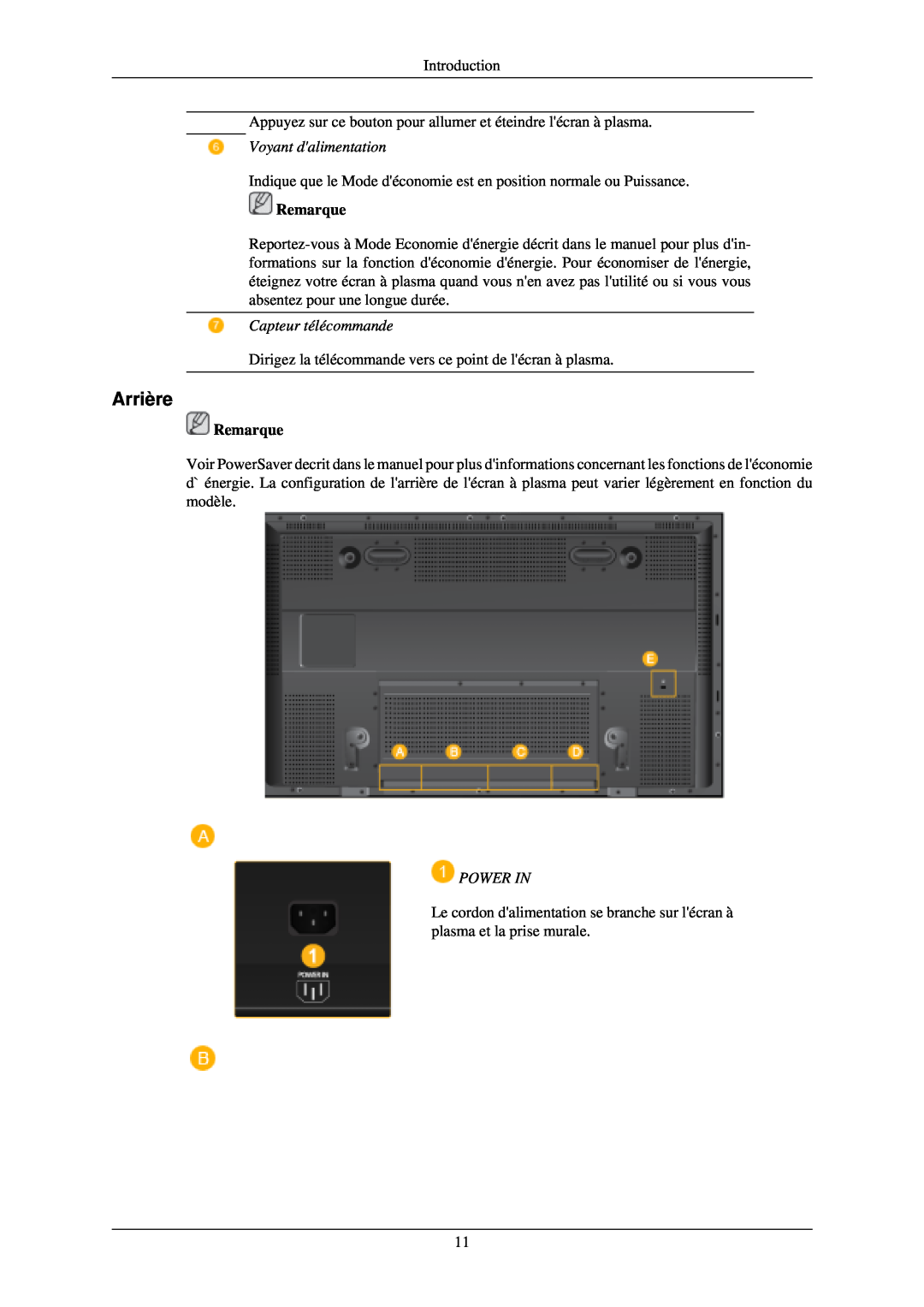 Samsung PH50KLPLBC/EN, PH50KLTLBC/EN, PH42KLTLBC/EN Arrière, Voyant dalimentation, Capteur télécommande, Power In, Remarque 