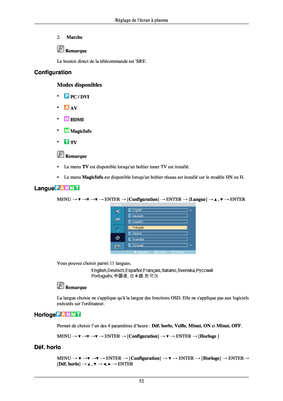 Samsung PH42KLTLBC/EN, PH50KLPLBC/EN manual Configuration, Langue, Horloge, Déf. horlo, Marche Remarque, Modes disponibles 