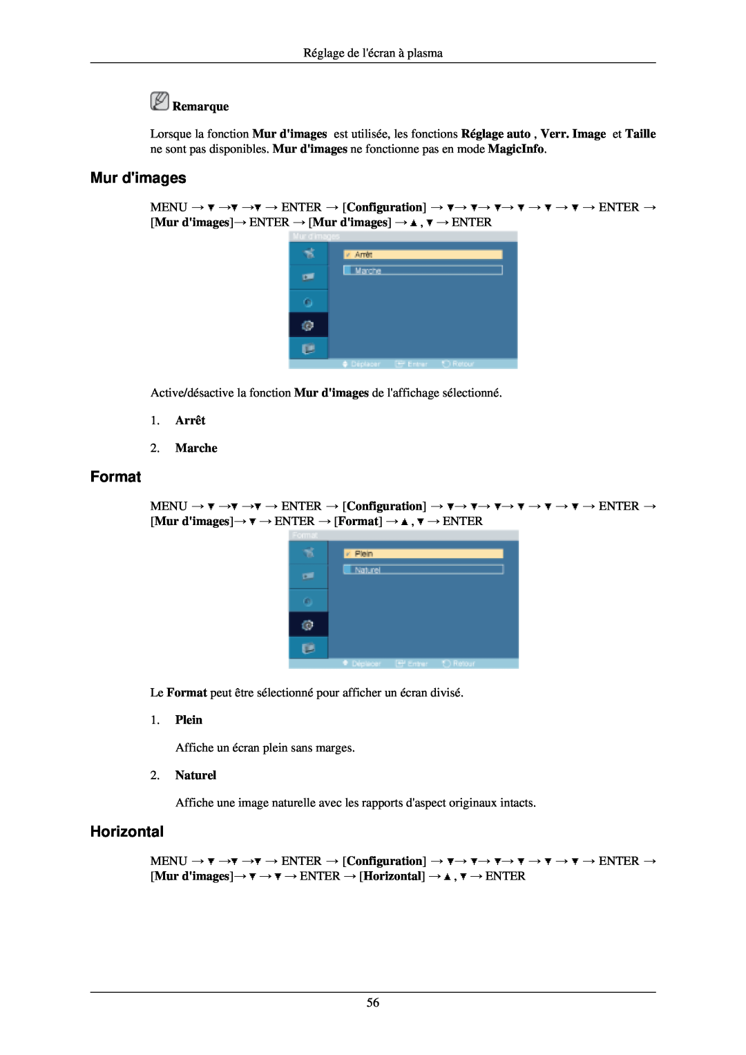 Samsung PH42KLTLBC/EN, PH50KLPLBC/EN manual Format, Horizontal, Plein, Naturel, Mur dimages, Remarque, Arrêt 2. Marche 