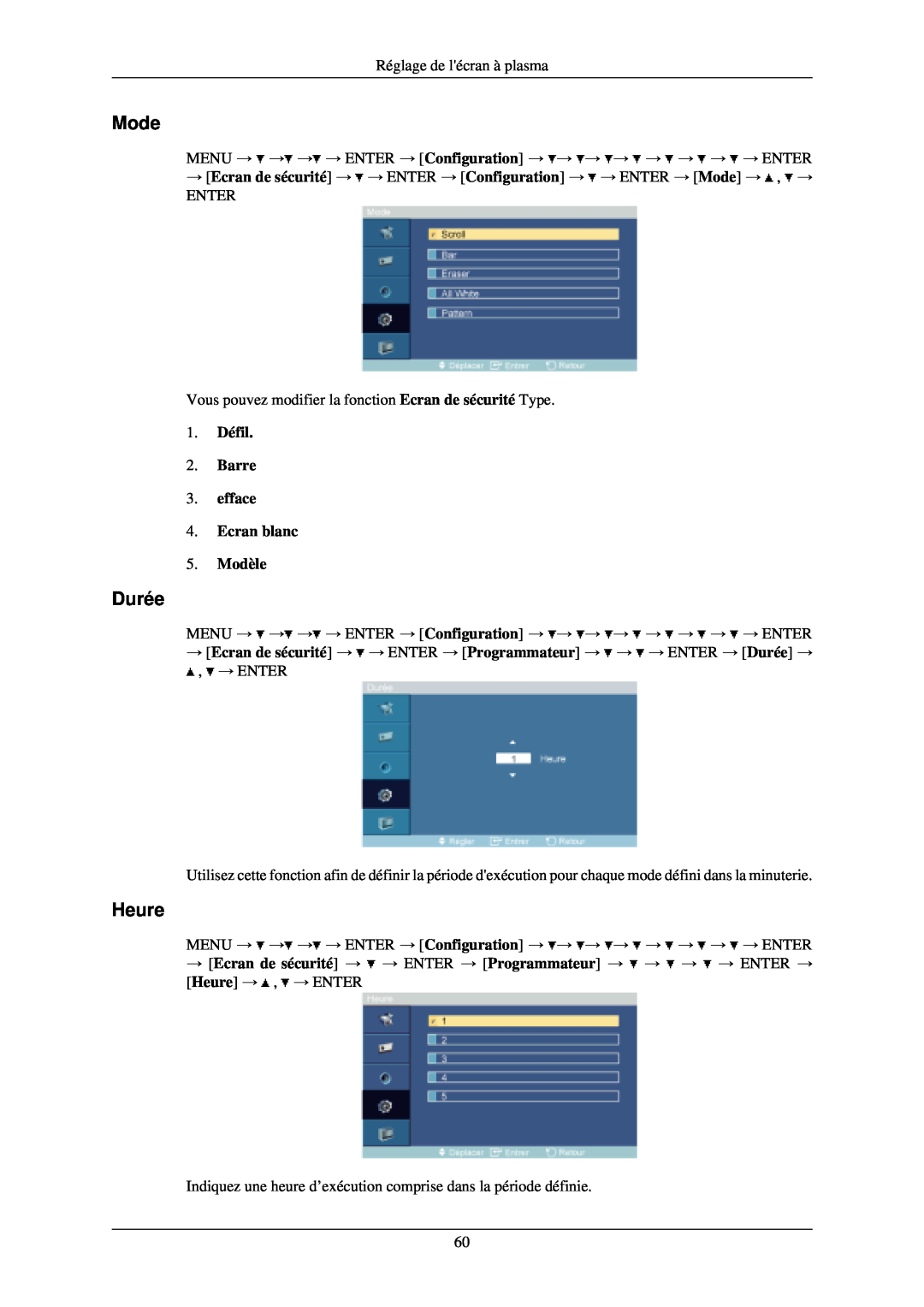 Samsung PH42KLTLBC/EN, PH50KLPLBC/EN manual Durée, 1. Défil 2. Barre 3. efface 4. Ecran blanc 5. Modèle, Mode, Heure 