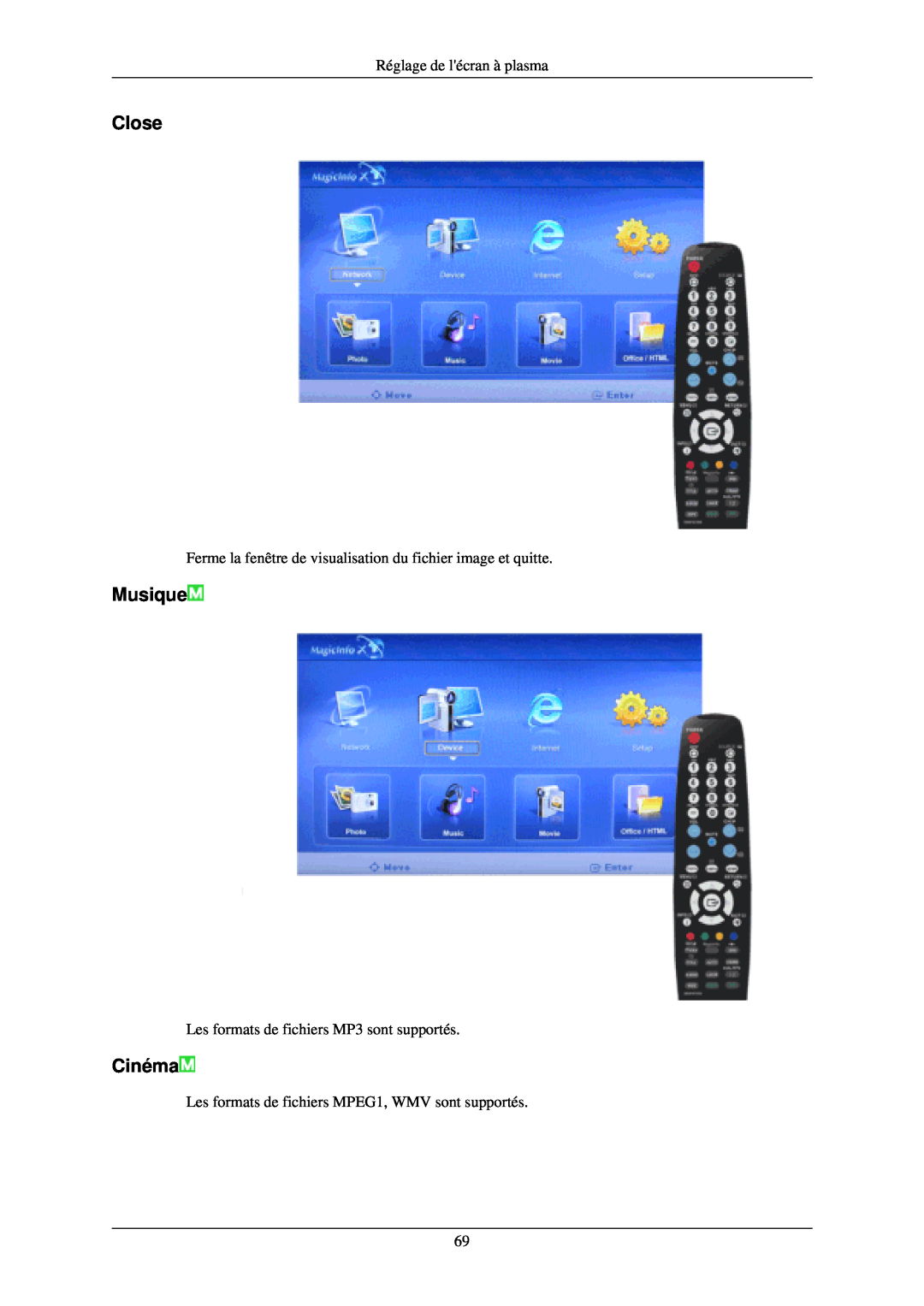 Samsung PH42KLPLBC/EN manual Close, Musique, Cinéma, Réglage de lécran à plasma, Les formats de fichiers MP3 sont supportés 