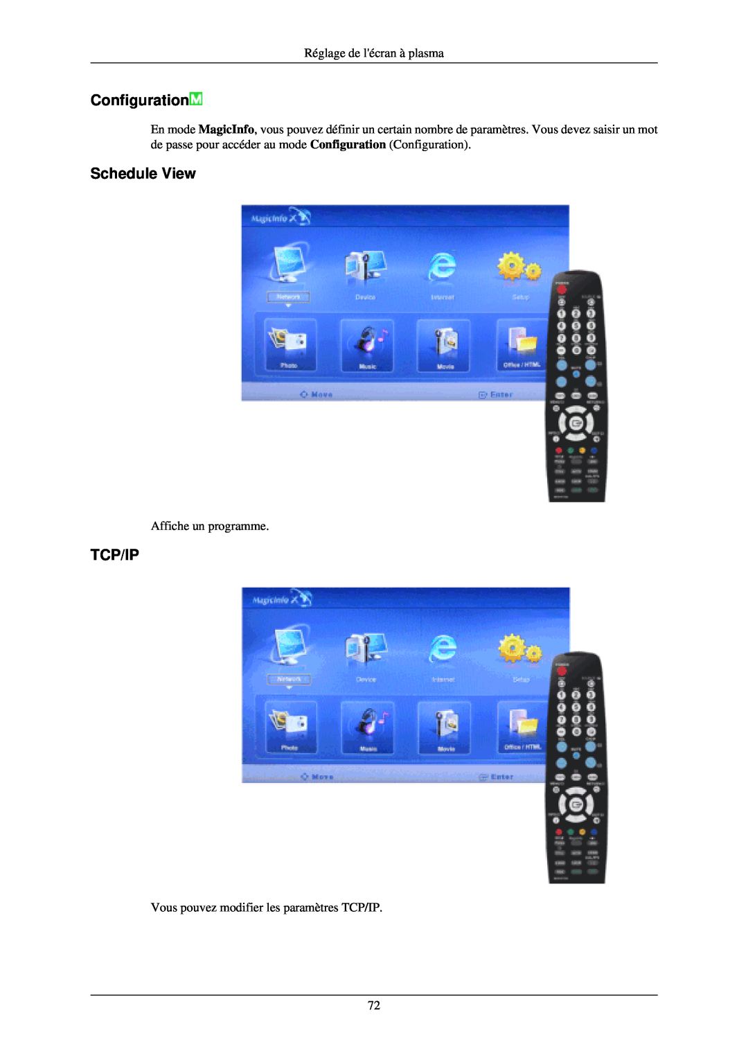 Samsung PH42KLTLBC/EN manual Schedule View, Tcp/Ip, Configuration, Réglage de lécran à plasma, Affiche un programme 