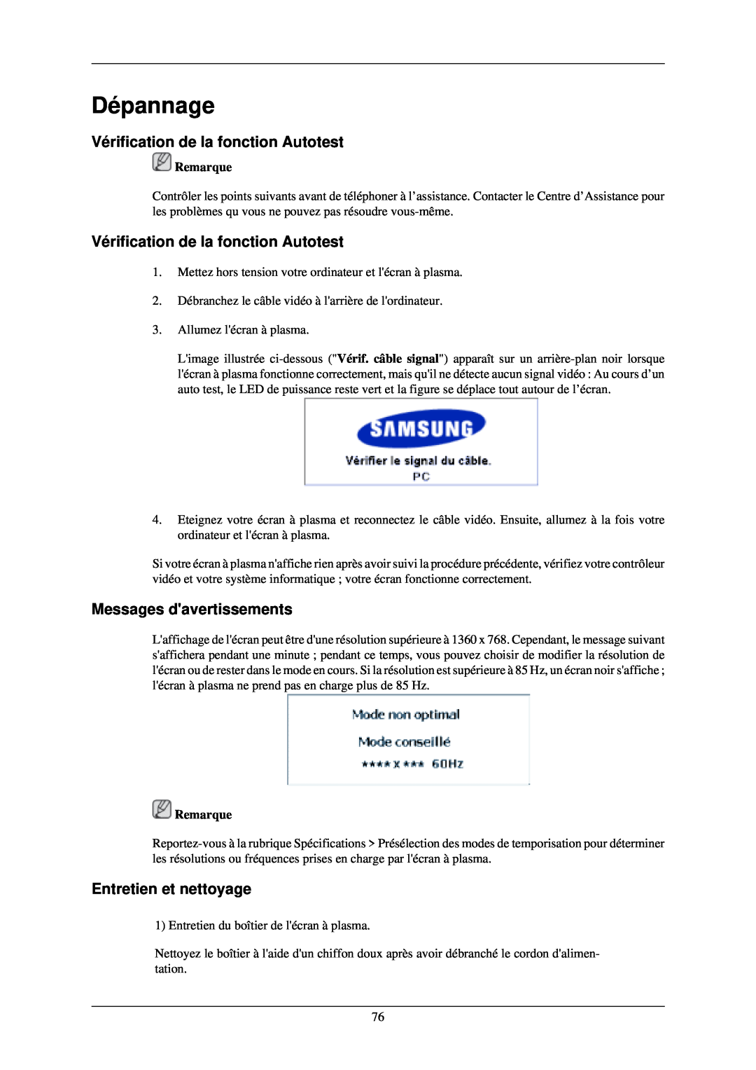 Samsung PH42KLTLBC/EN Dépannage, Vérification de la fonction Autotest, Messages davertissements, Entretien et nettoyage 