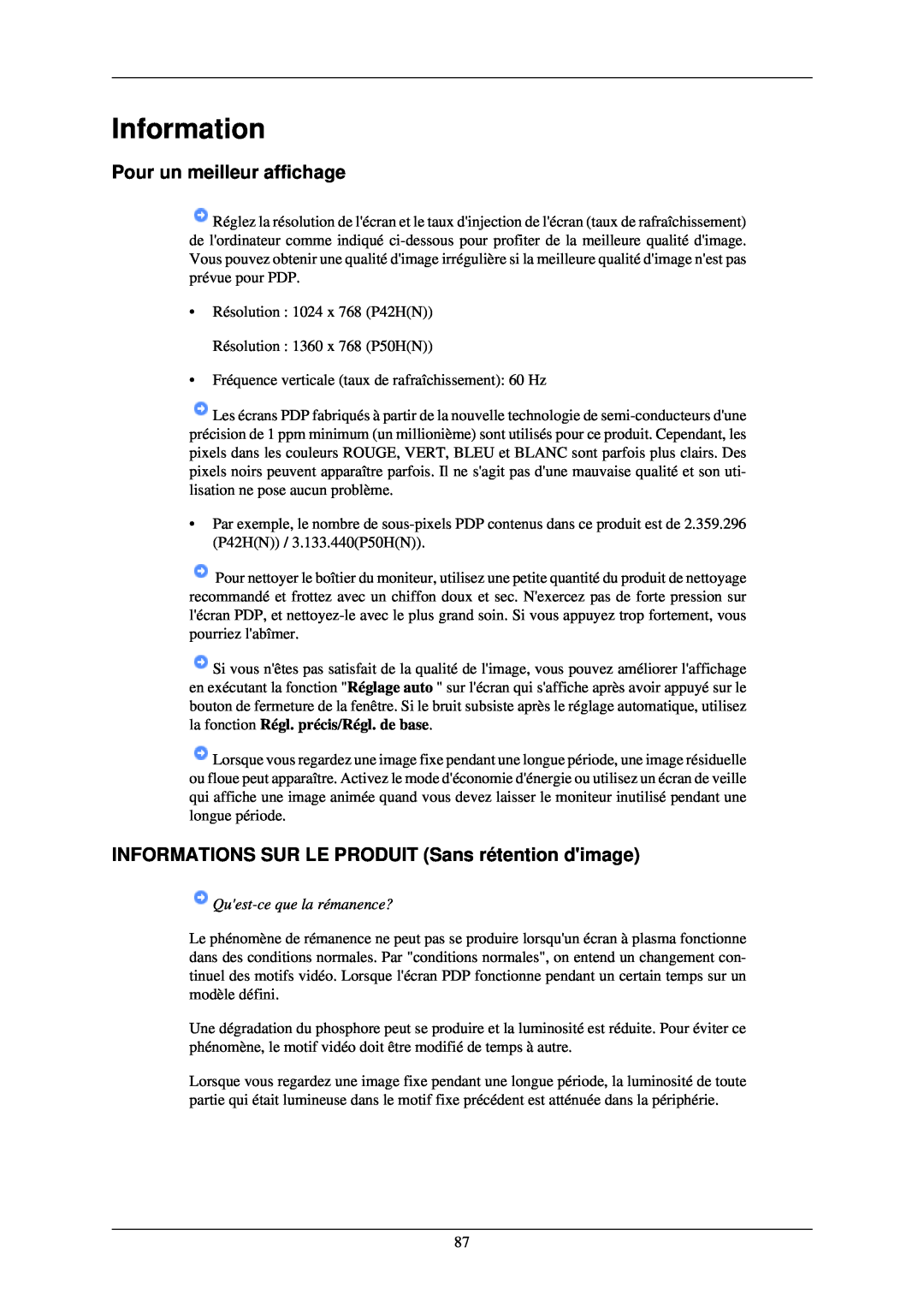 Samsung PH50KLTLBC/EN manual Information, Pour un meilleur affichage, INFORMATIONS SUR LE PRODUIT Sans rétention dimage 