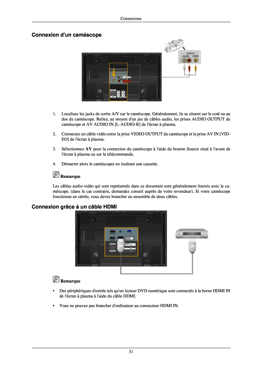 Samsung PH50KLPLBC/EN, PH50KLTLBC/EN, PH42KLTLBC/EN manual Connexion dun caméscope, Connexion grâce à un câble HDMI, Remarque 