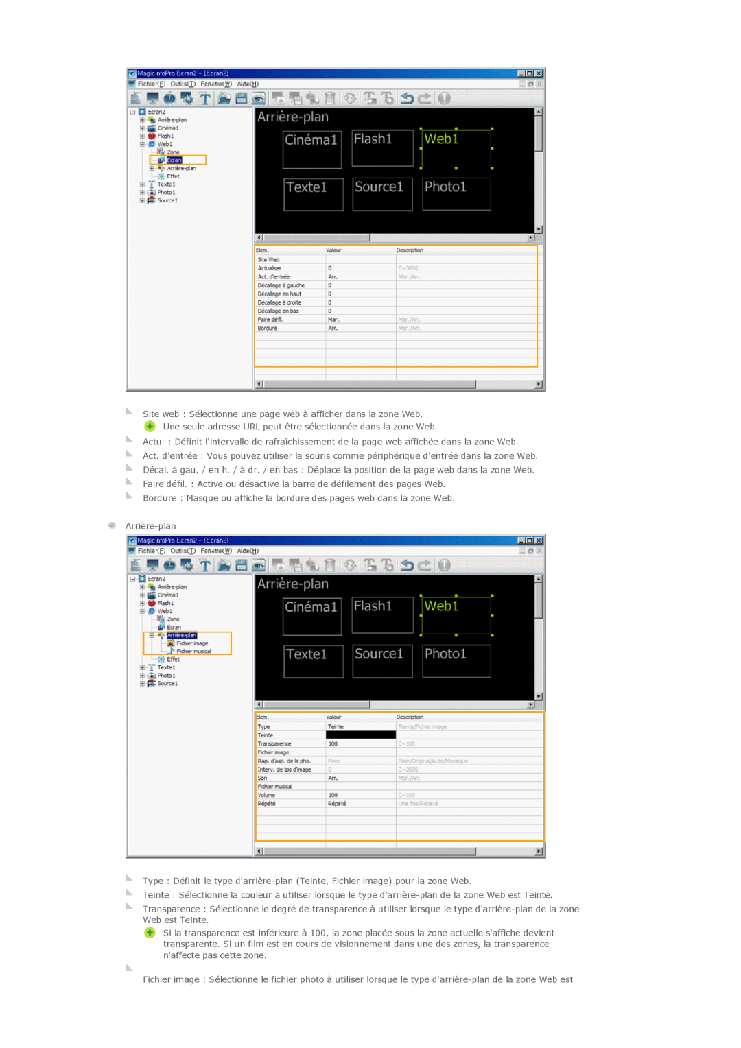 Samsung PH42KLPLBC/EN, PH50KLPLBC/EN manual Site web Sélectionne une page web à afficher dans la zone Web, Arrière-plan 