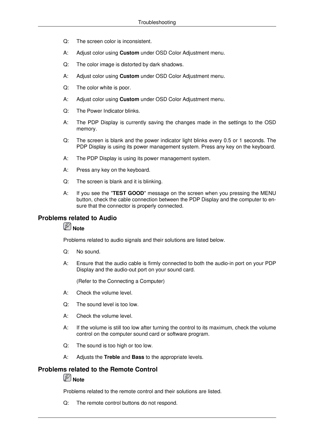 Samsung PH50KPPLBF/SM, PH50KPPLBF/XY, PH50KLPLBF/XY manual Problems related to Audio, Problems related to the Remote Control 