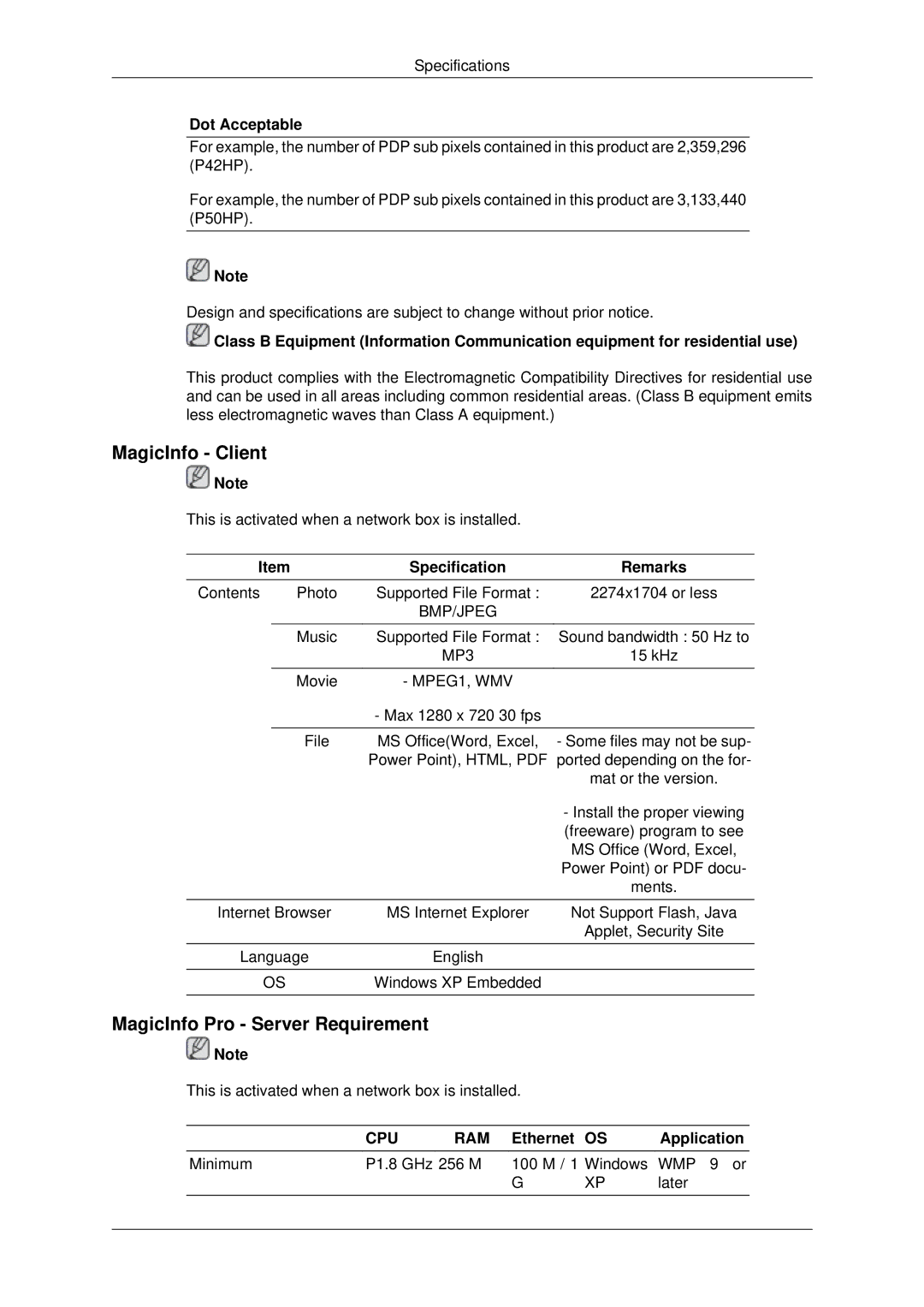 Samsung PH50KPPLBF/XY MagicInfo Client, MagicInfo Pro Server Requirement, Specification Remarks, Ethernet Application 
